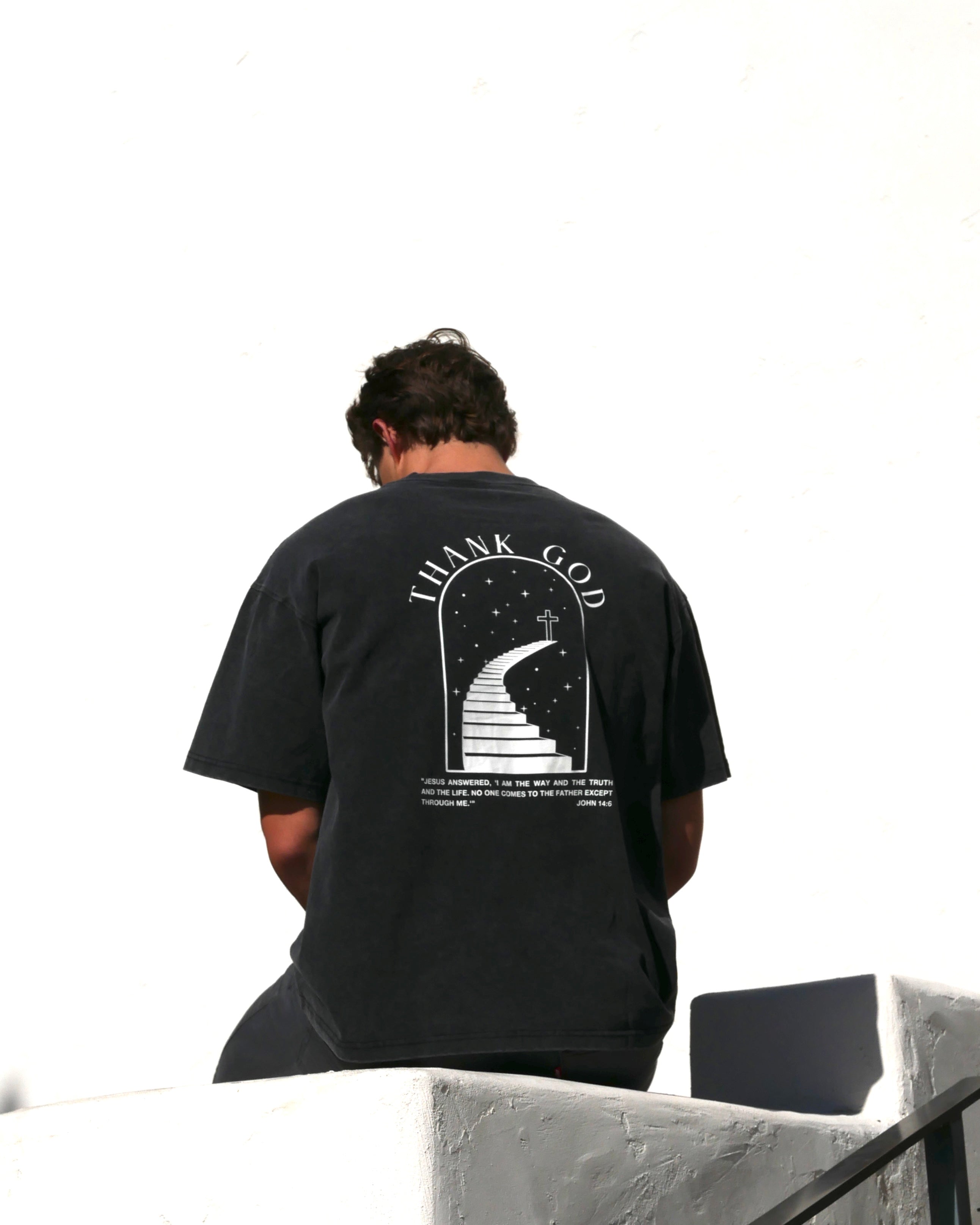Christian streetwear t-shirt by Thank God featuring SALVATION VINTAGE OVERSIZED TEE style back side shot