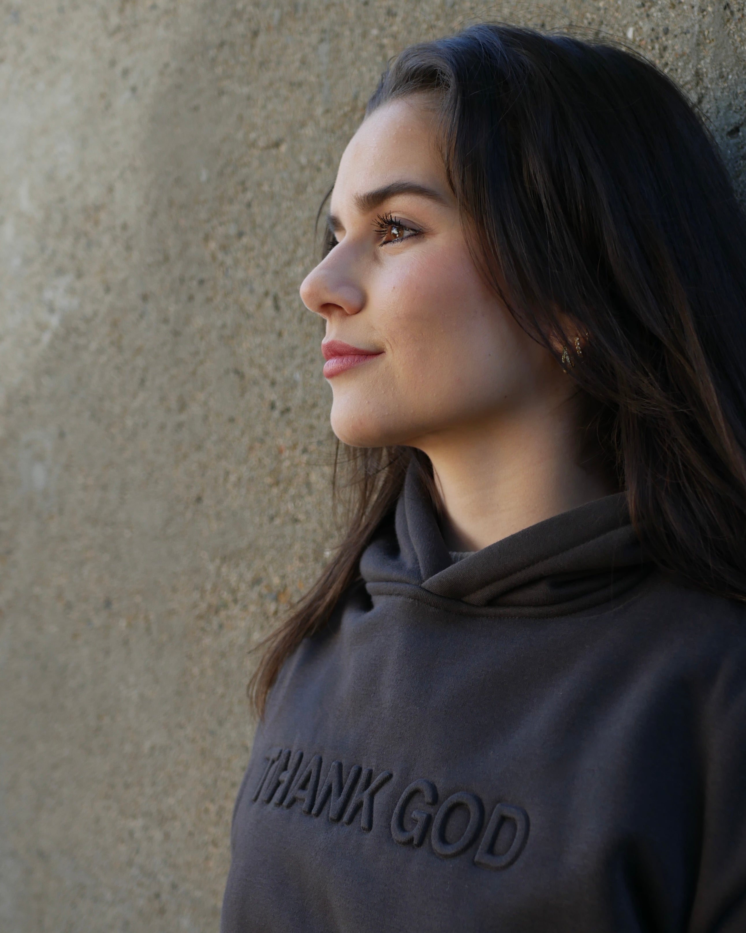 Faith-based Christian hoodie by Thank God with unique charcoal EMBOSSED HOODIE design