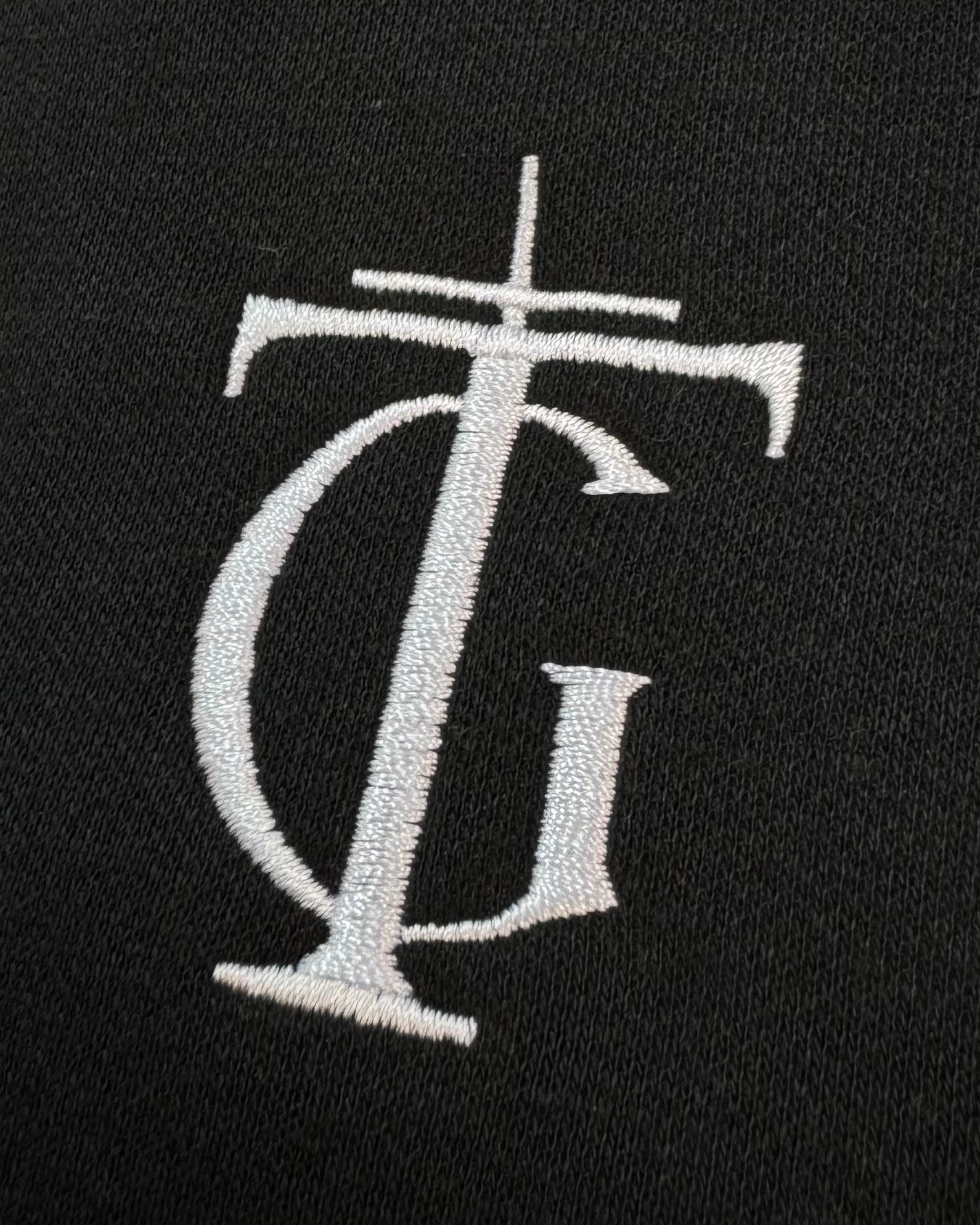 close up embroidery Faith-based Christian hoodie by Thank God with unique CREST EMBROIDERED HOODIE design