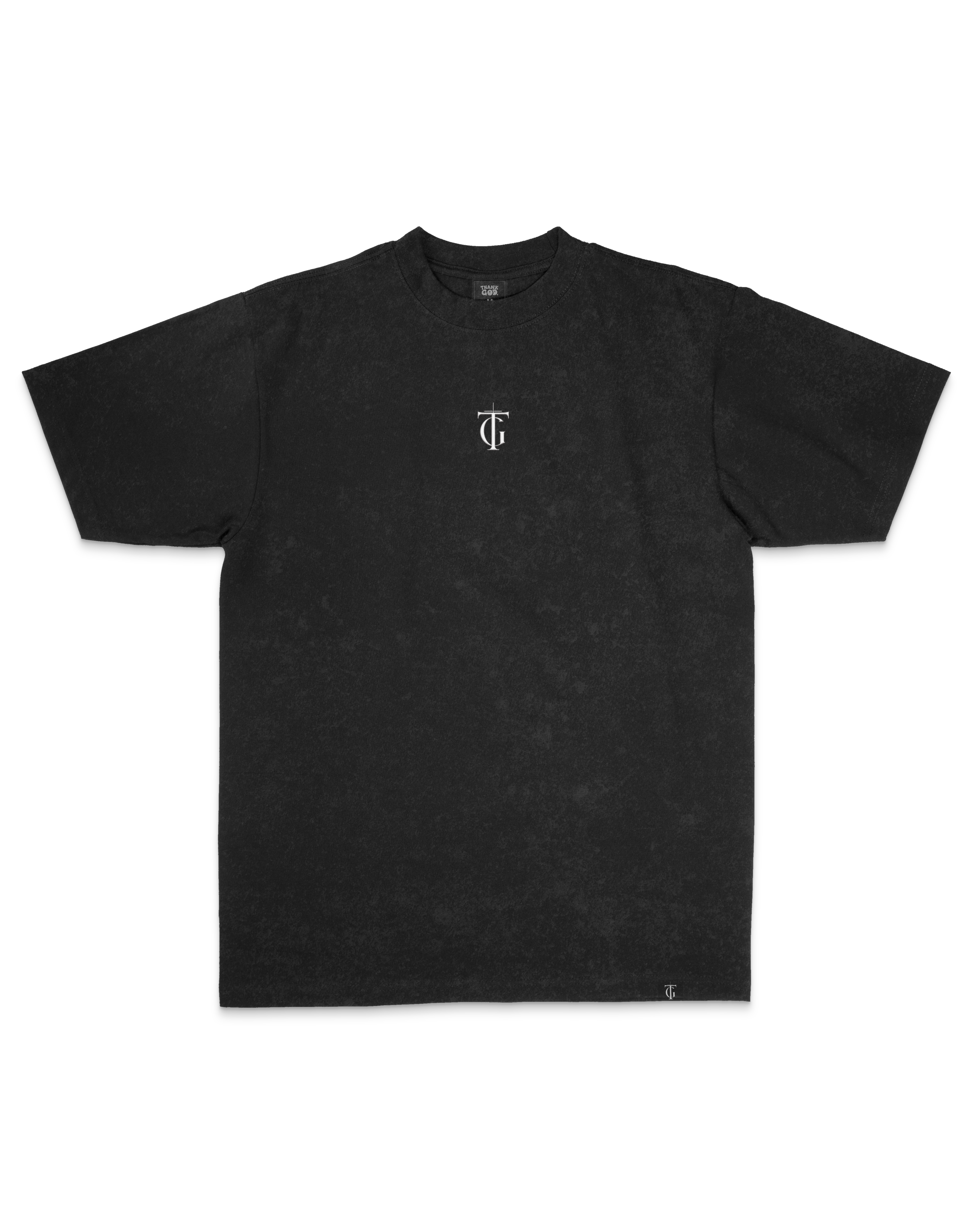 Front view of black sanded heavyweight Christian streetwear tee from Thank God brand – premium washed cotton T-shirt designed for faith-based fashion and everyday wear.
