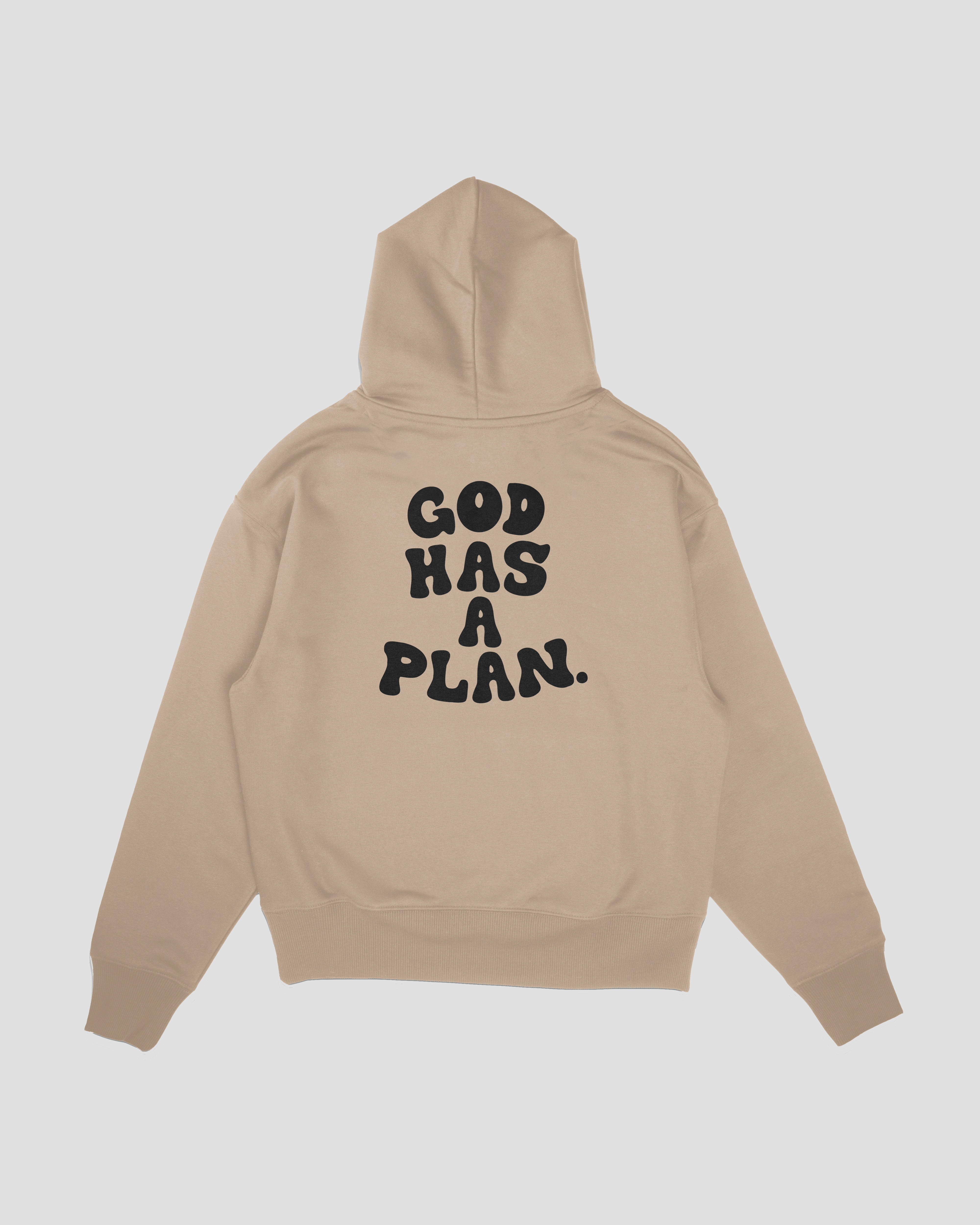 Beige mock up back GOD HAS A PLAN PREMIUM STRINGLESS HOODIE Faith-based Christian hoodie by Thank God with unique GOD HAS A PLAN PREMIUM STRINGLESS HOODIE design