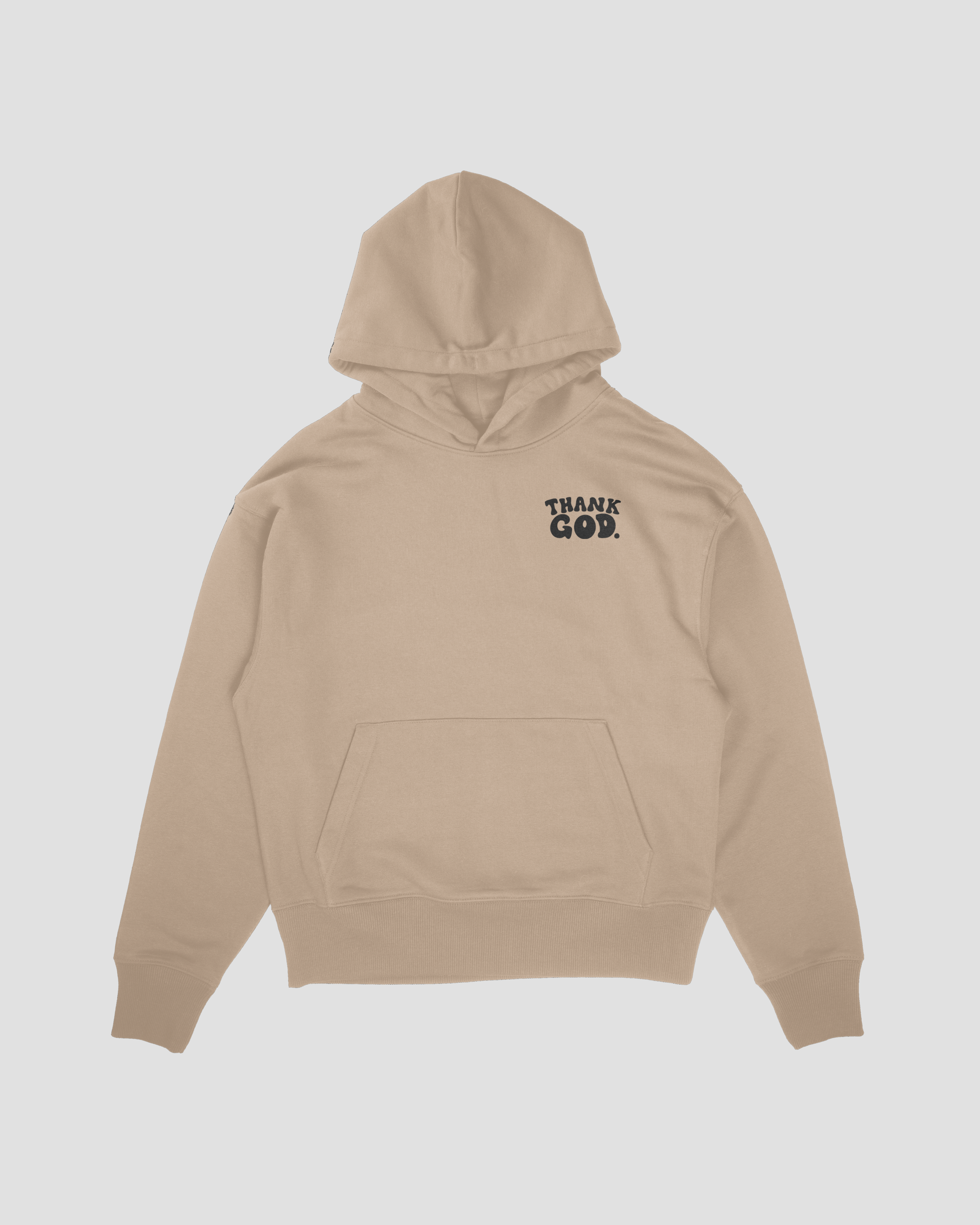 Beige mock up front GOD HAS A PLAN PREMIUM STRINGLESS HOODIE Faith-based Christian hoodie by Thank God with unique GOD HAS A PLAN PREMIUM STRINGLESS HOODIE design