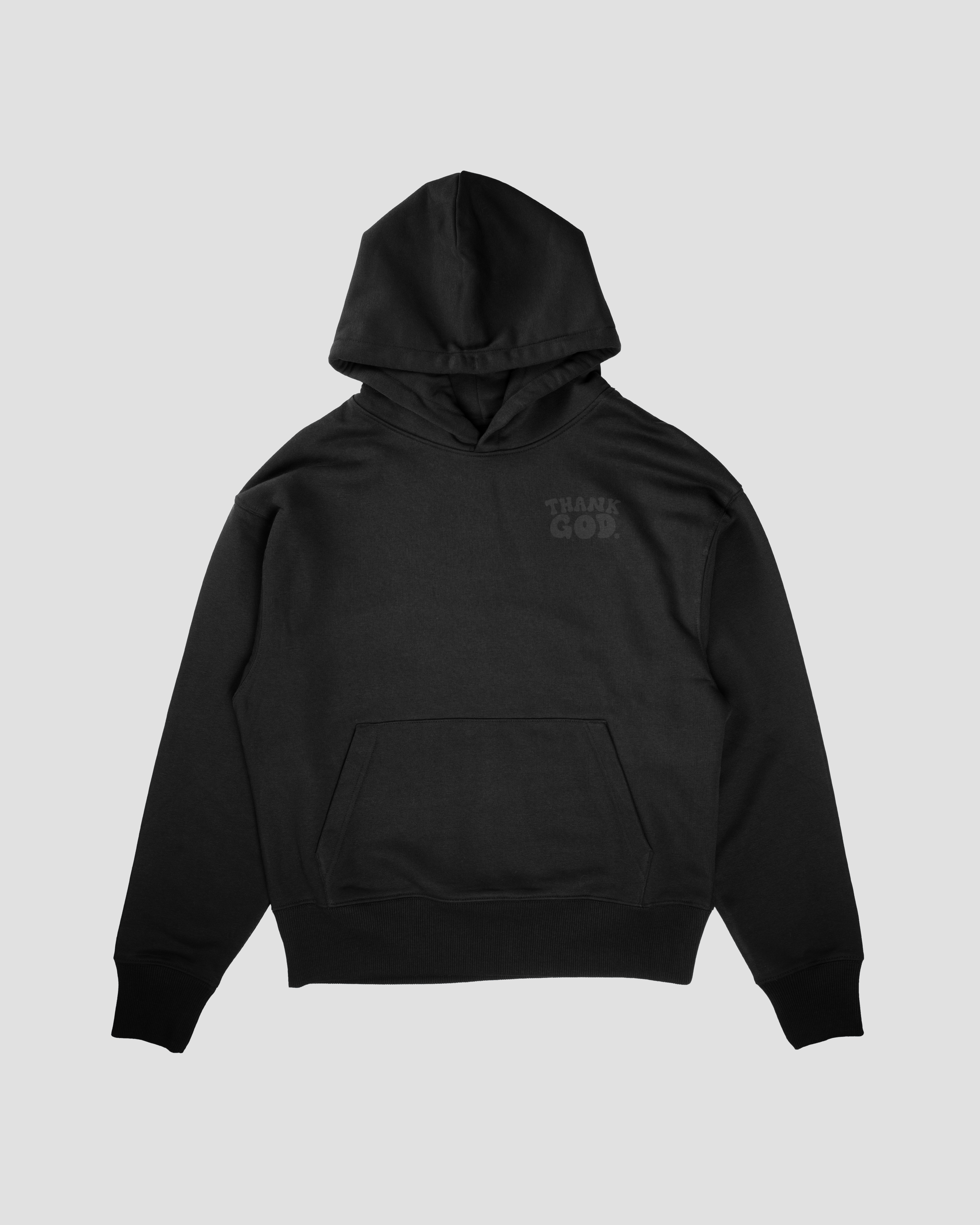 Black mock up front GOD HAS A PLAN PREMIUM STRINGLESS HOODIE Faith-based Christian hoodie by Thank God with unique GOD HAS A PLAN PREMIUM STRINGLESS HOODIE design