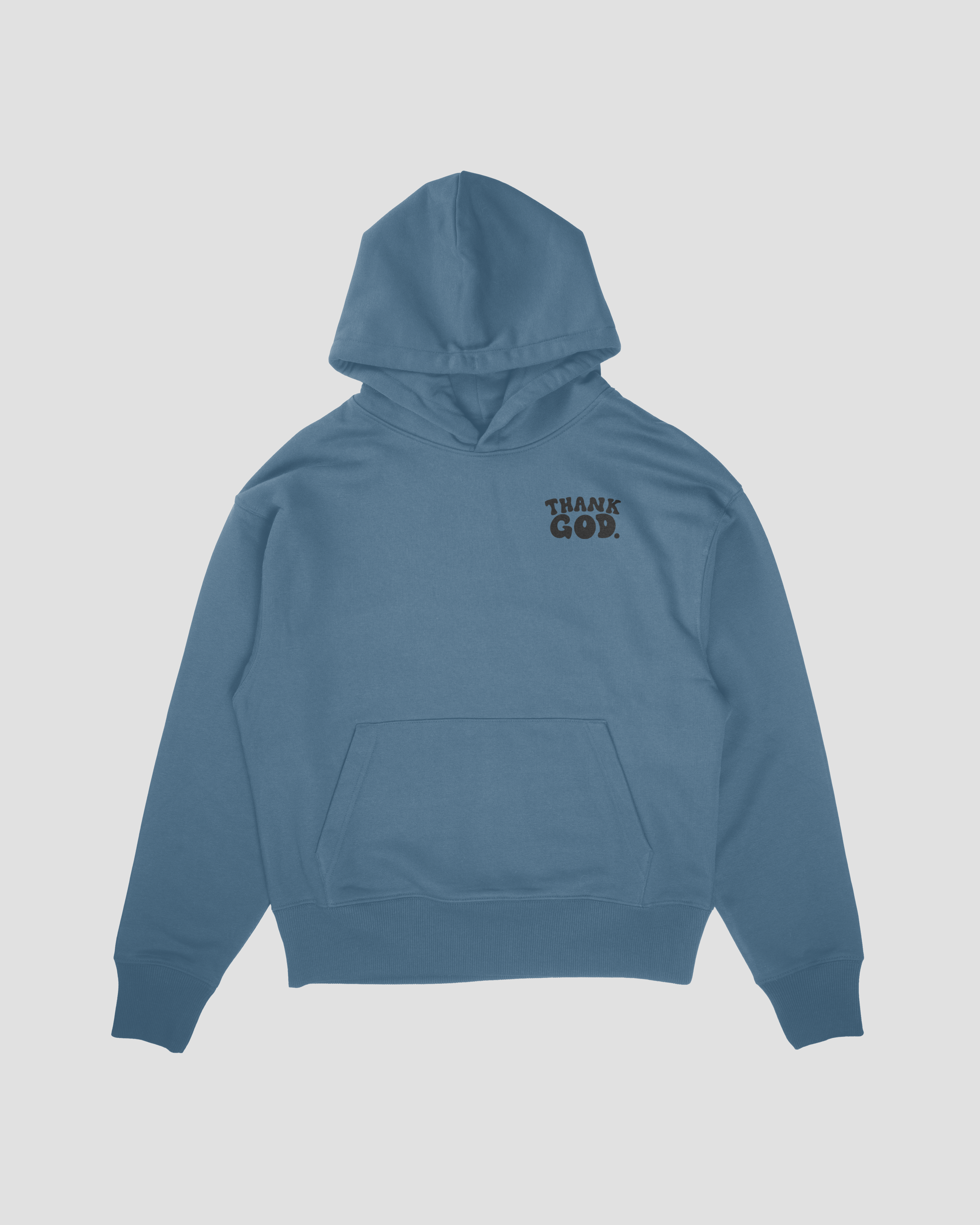 Blue mock up front GOD HAS A PLAN PREMIUM STRINGLESS HOODIE Faith-based Christian hoodie by Thank God with unique GOD HAS A PLAN PREMIUM STRINGLESS HOODIE design