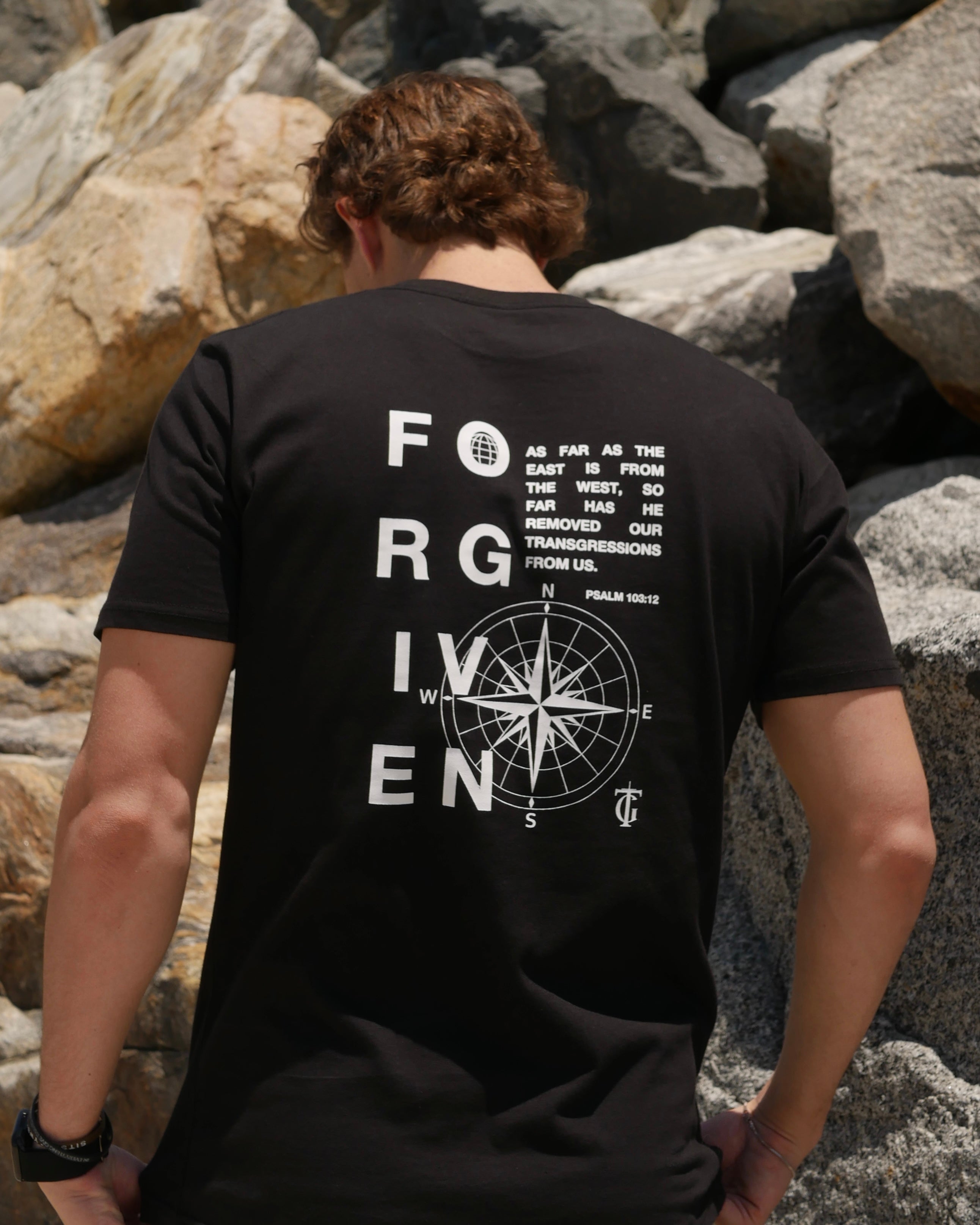 Christian streetwear t-shirt by Thank God featuring FORGIVEN TEE style back shot