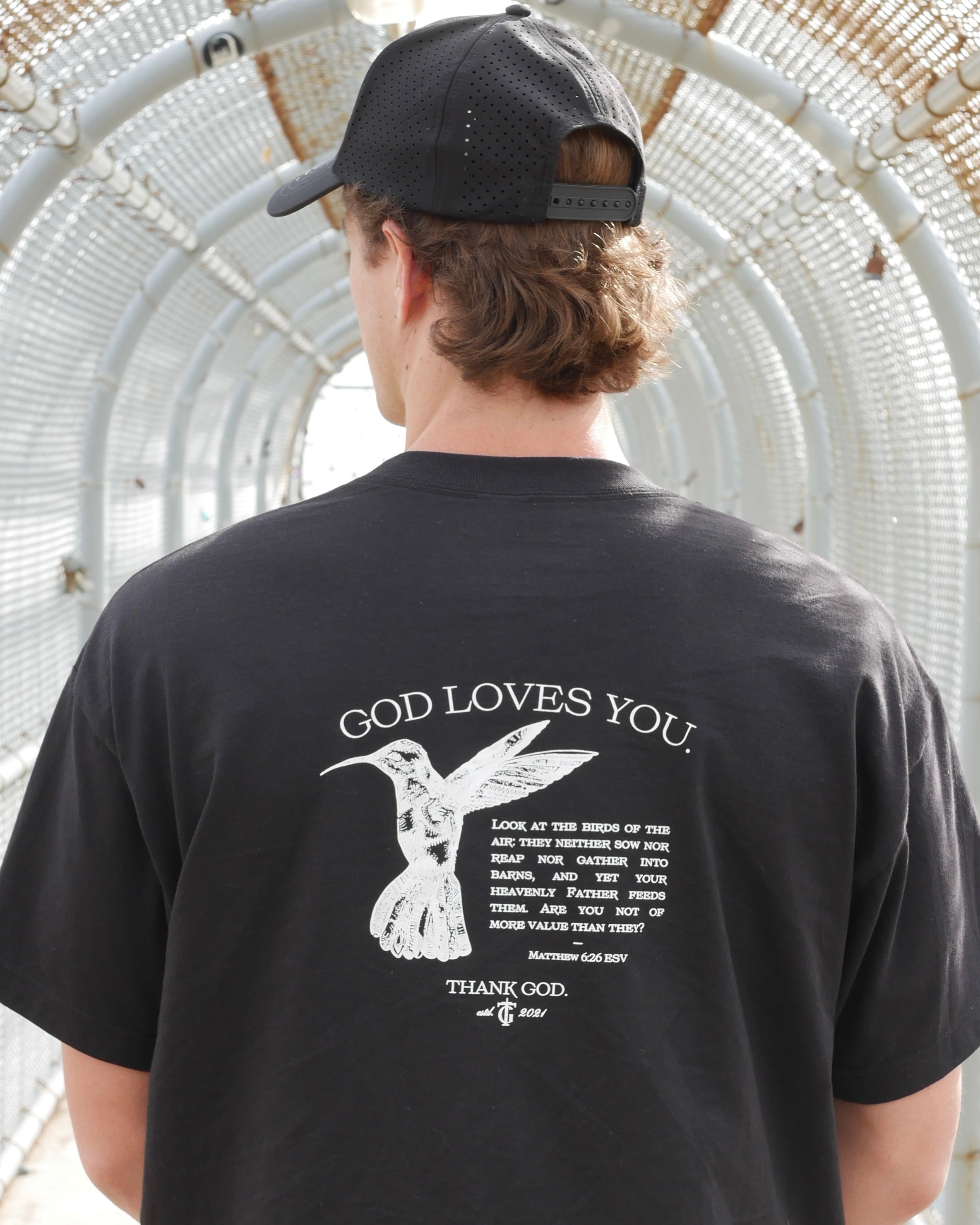 Christian streetwear t-shirt by Thank God featuring HUMMINGBIRD TEE style back closeup
