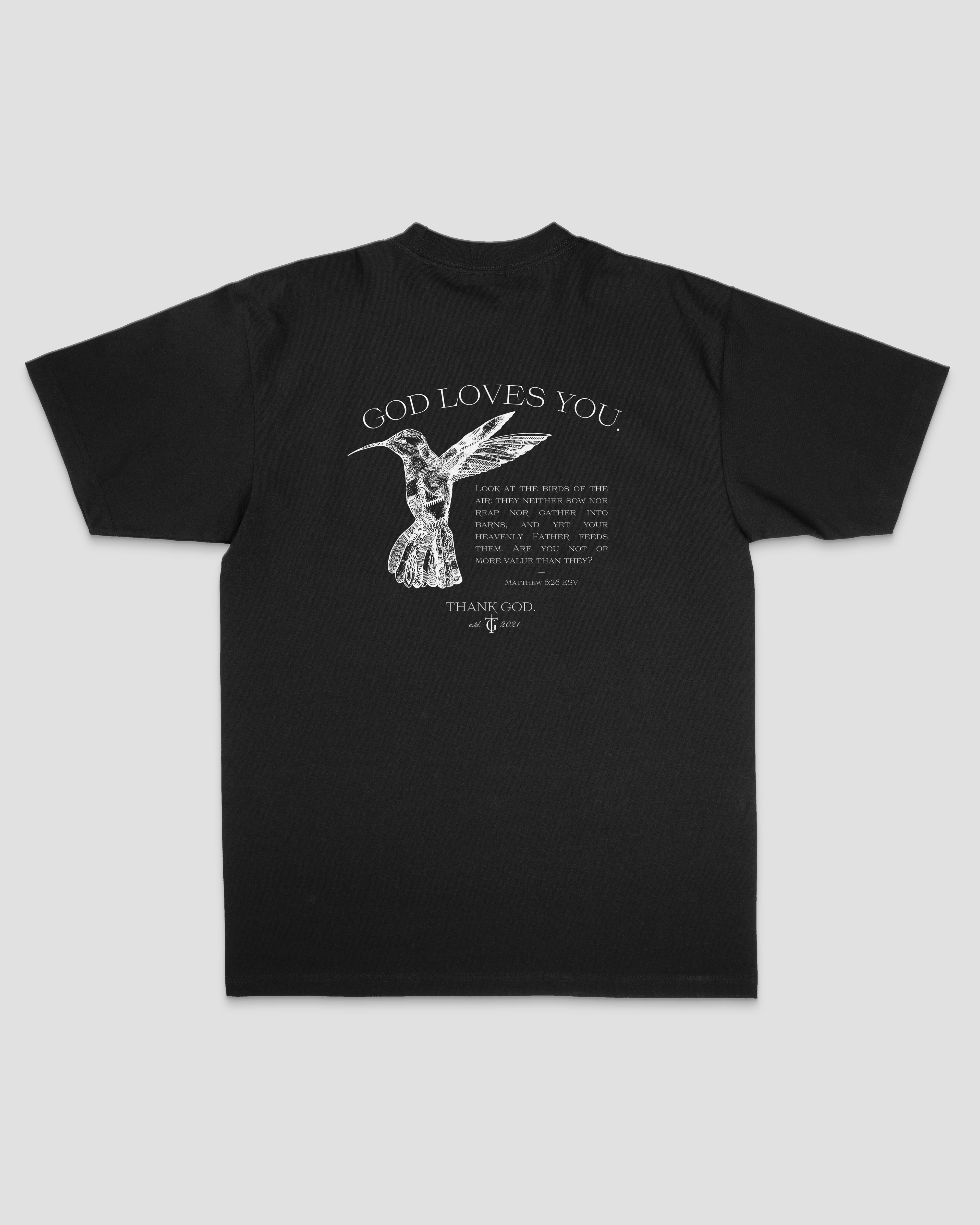 Christian streetwear t-shirt by Thank God featuring HUMMINGBIRD TEE style back mockup 