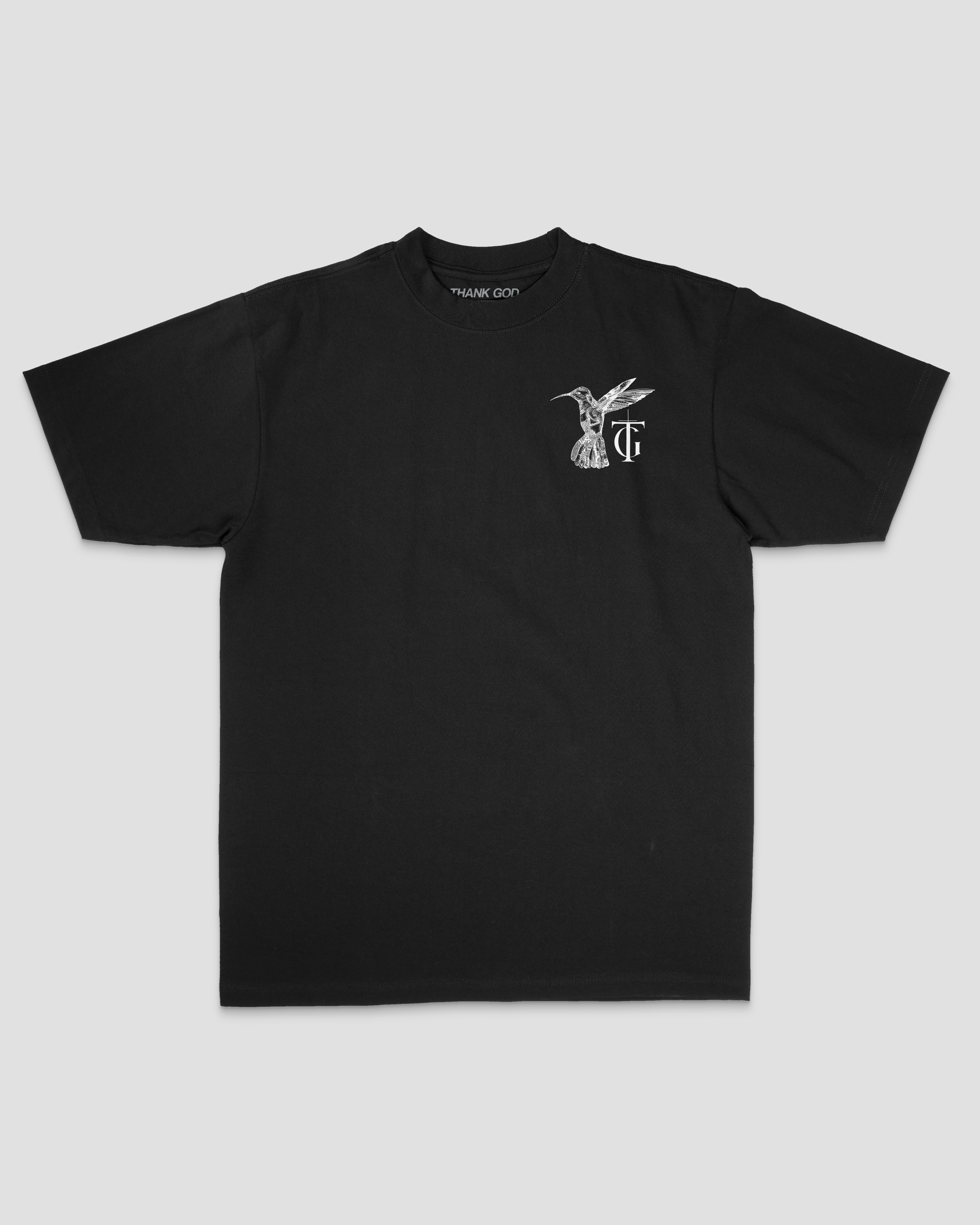 Christian streetwear t-shirt by Thank God featuring HUMMINGBIRD TEE style front mockup
