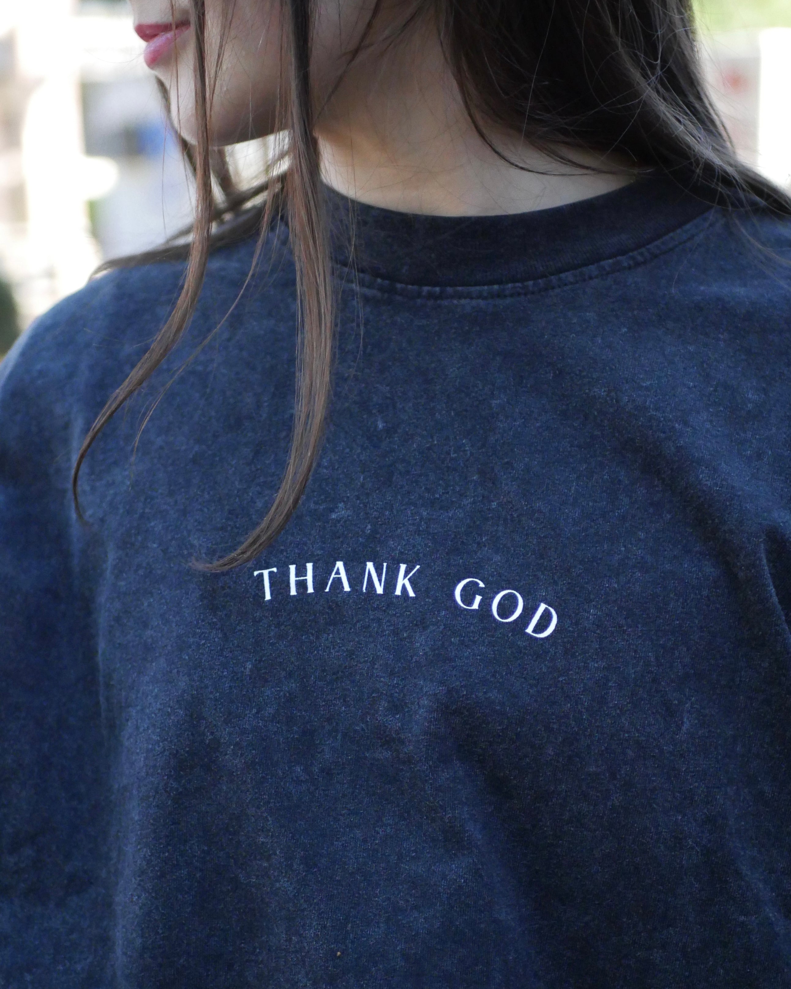 Christian streetwear t-shirt by Thank God featuring SALVATION VINTAGE OVERSIZED TEE style close up black