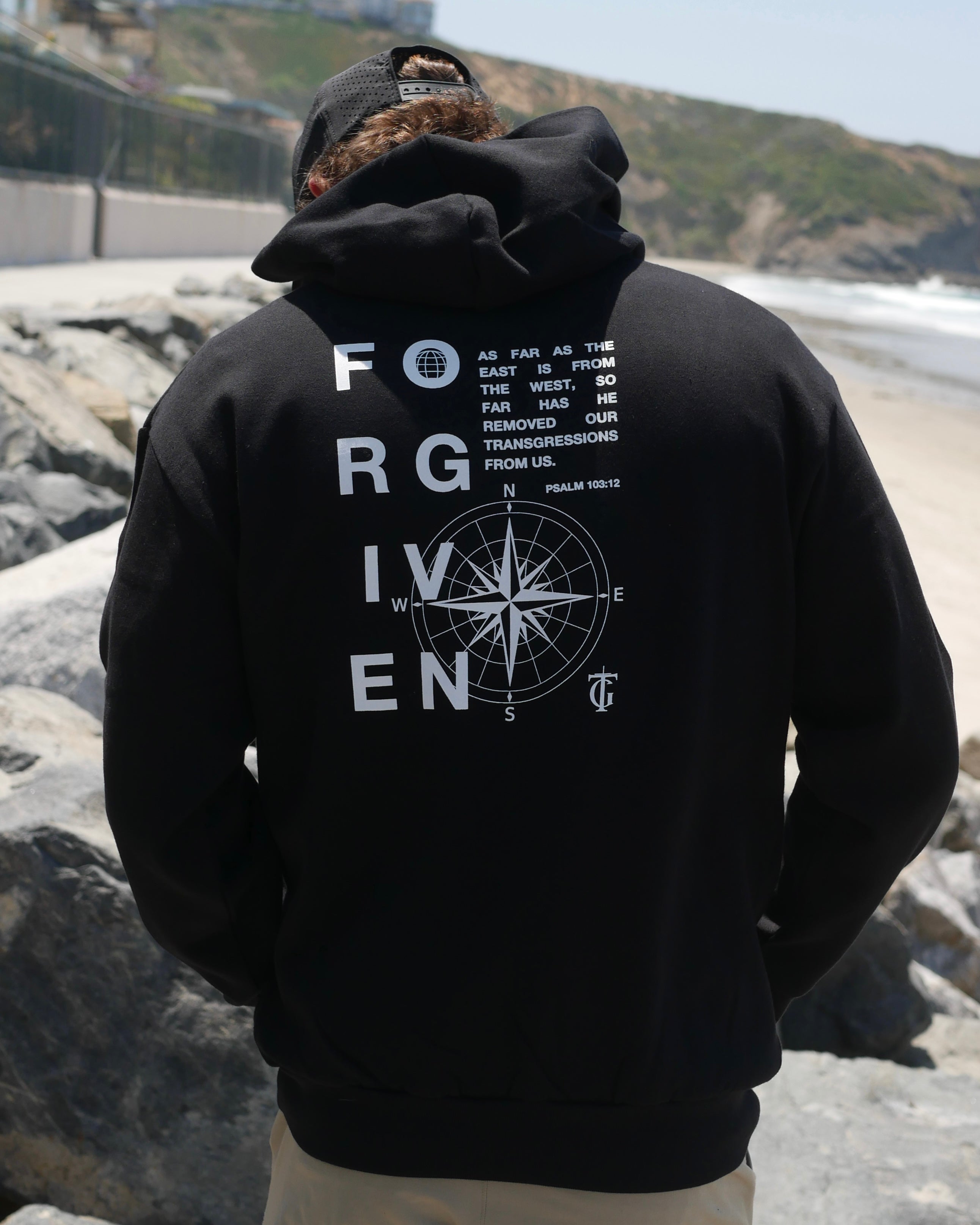 Faith-based Christian hoodie by Thank God with unique FORGIVEN HOODIE design back closeup