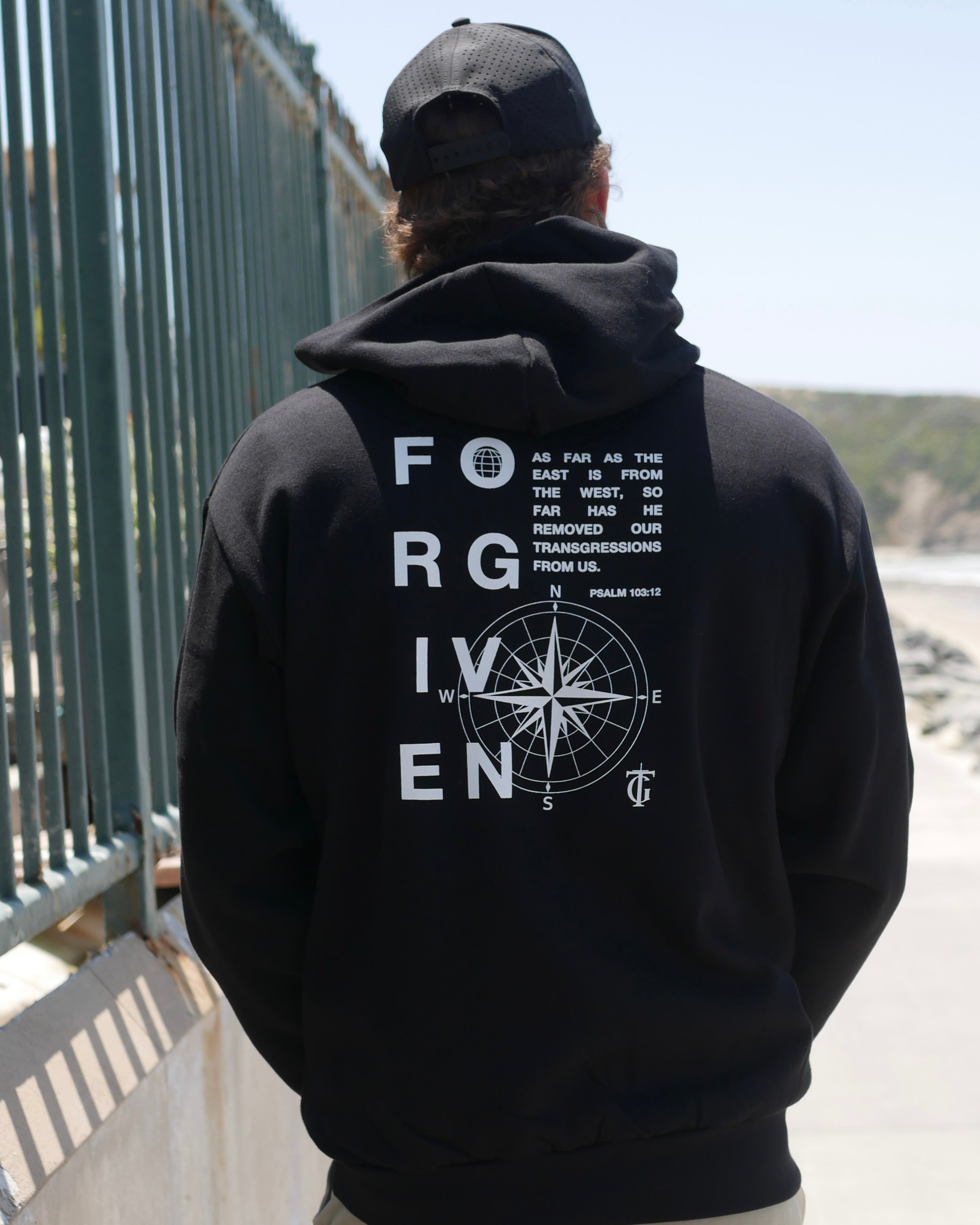 Faith-based Christian hoodie by Thank God with unique FORGIVEN HOODIE design back closeup 2