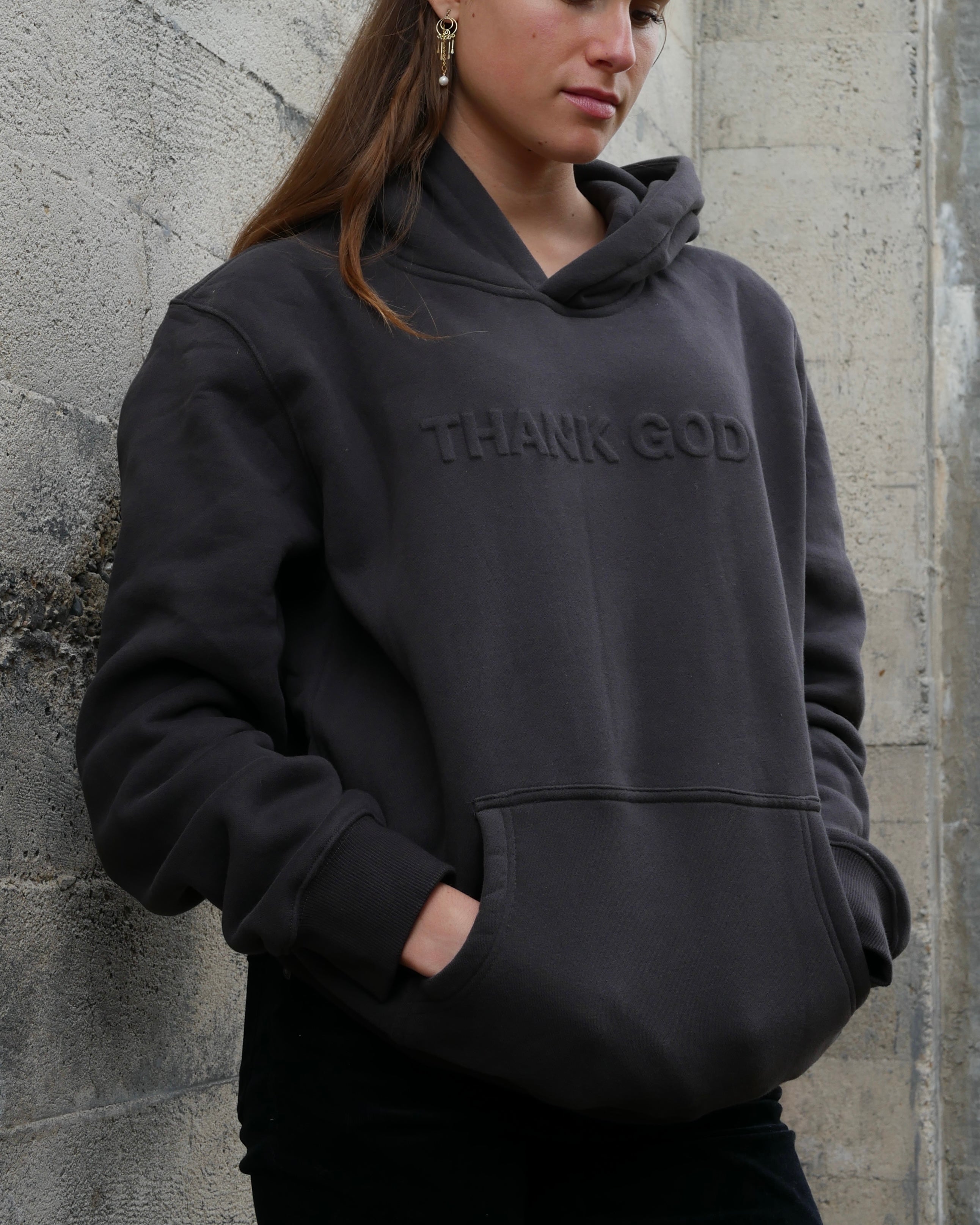 gray Faith-based Christian hoodie by Thank God with unique EMBOSSED HOODIE design