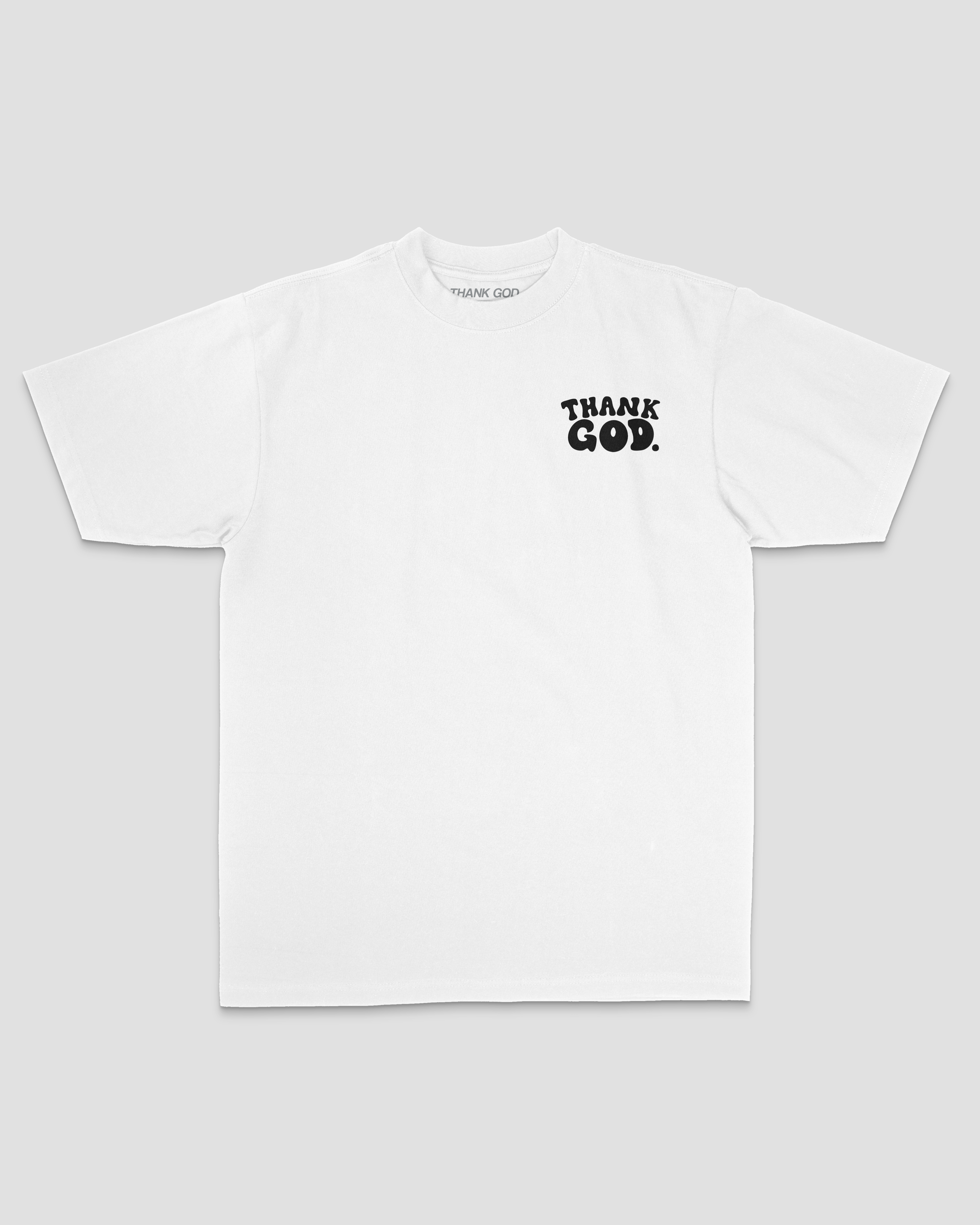 White mock up front GOD HAS A PLAN TEE Christian streetwear t-shirt by Thank God featuring GOD HAS A PLAN TEE style