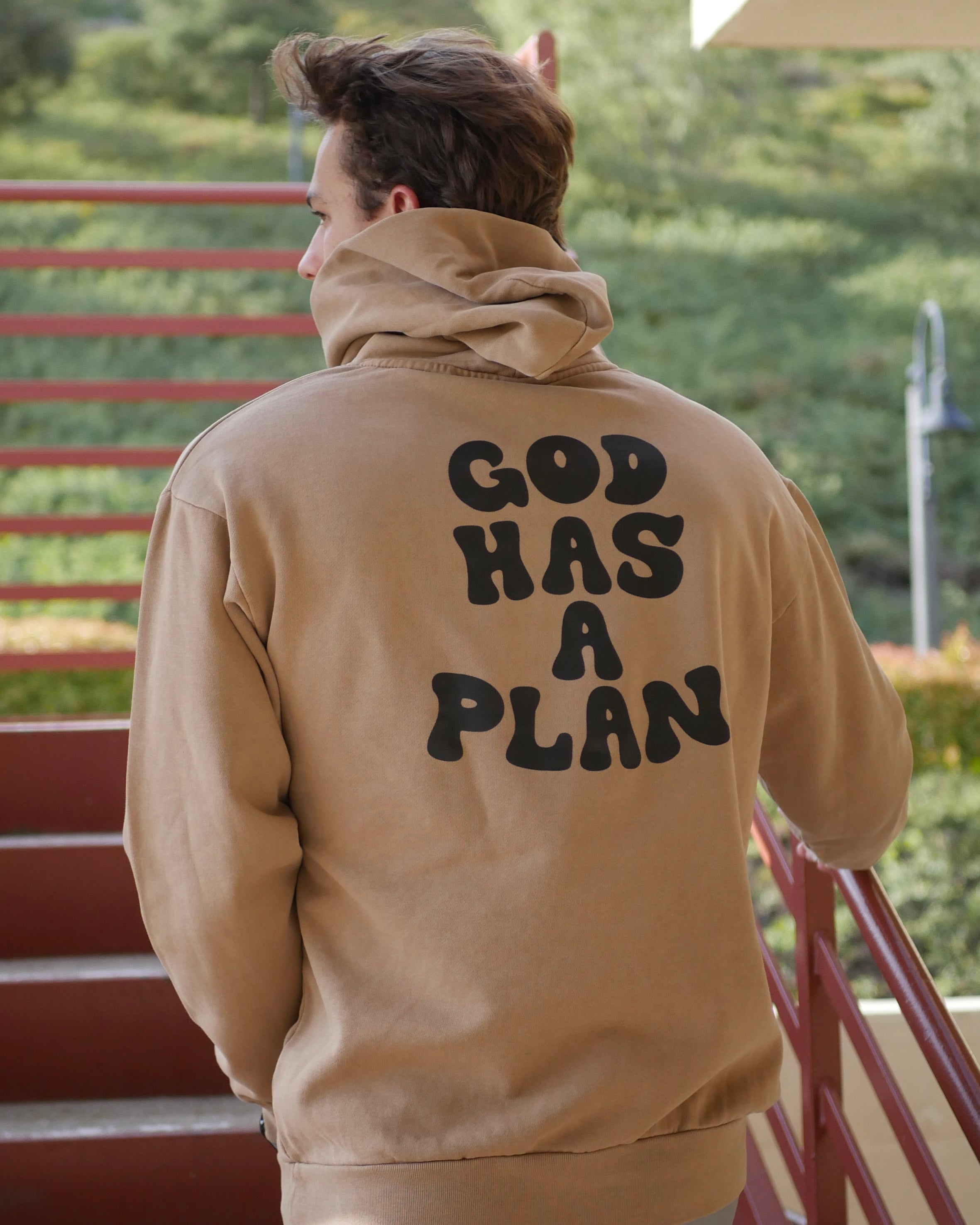 beige back close shot GOD HAS A PLAN PREMIUM STRINGLESS HOODIE Faith-based Christian hoodie by Thank God with unique GOD HAS A PLAN PREMIUM STRINGLESS HOODIE design