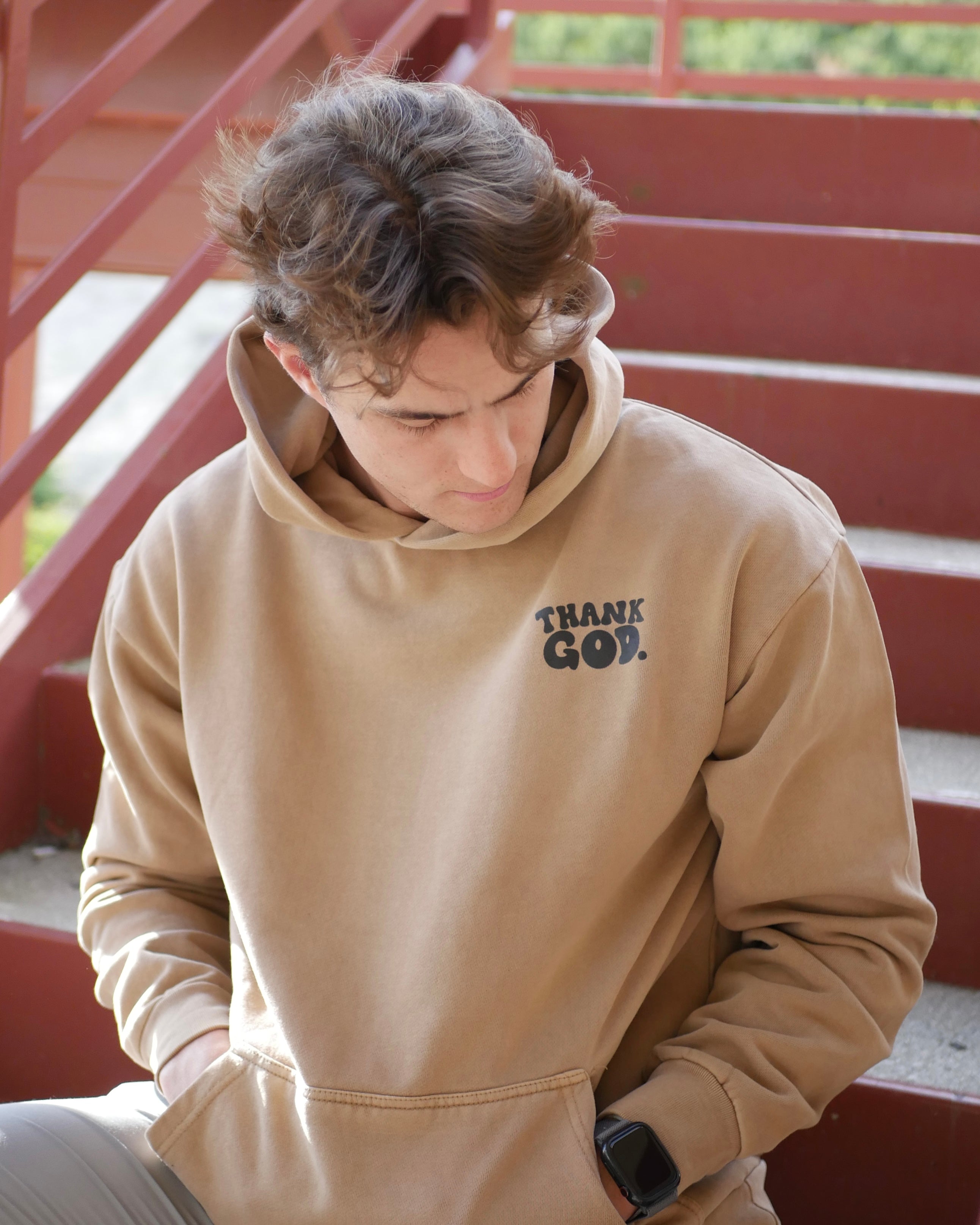 beige front close shot GOD HAS A PLAN PREMIUM STRINGLESS HOODIE Faith-based Christian hoodie by Thank God with unique GOD HAS A PLAN PREMIUM STRINGLESS HOODIE design