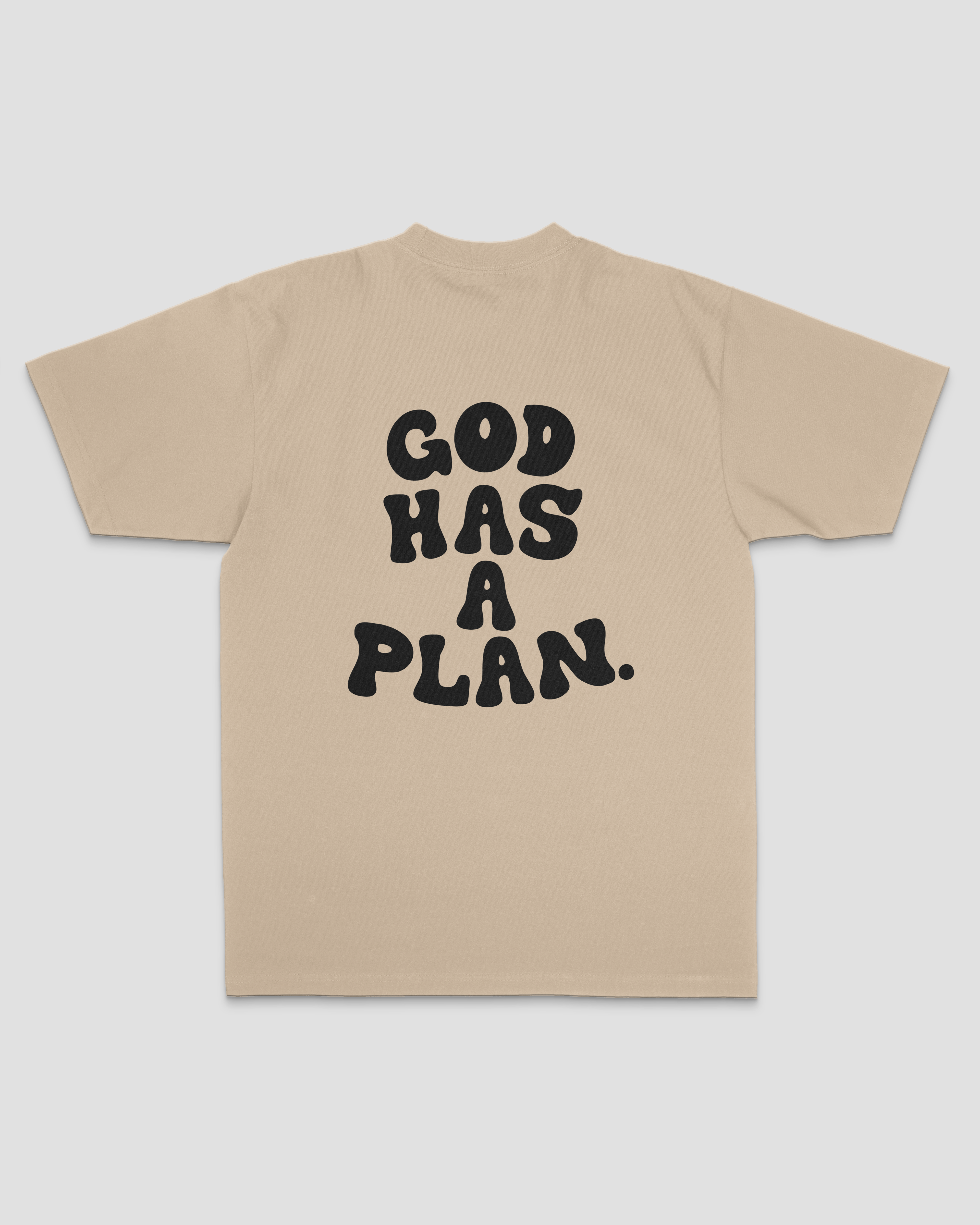 beige mock up back GOD HAS A PLAN TEE Christian streetwear t-shirt by Thank God featuring GOD HAS A PLAN TEE style