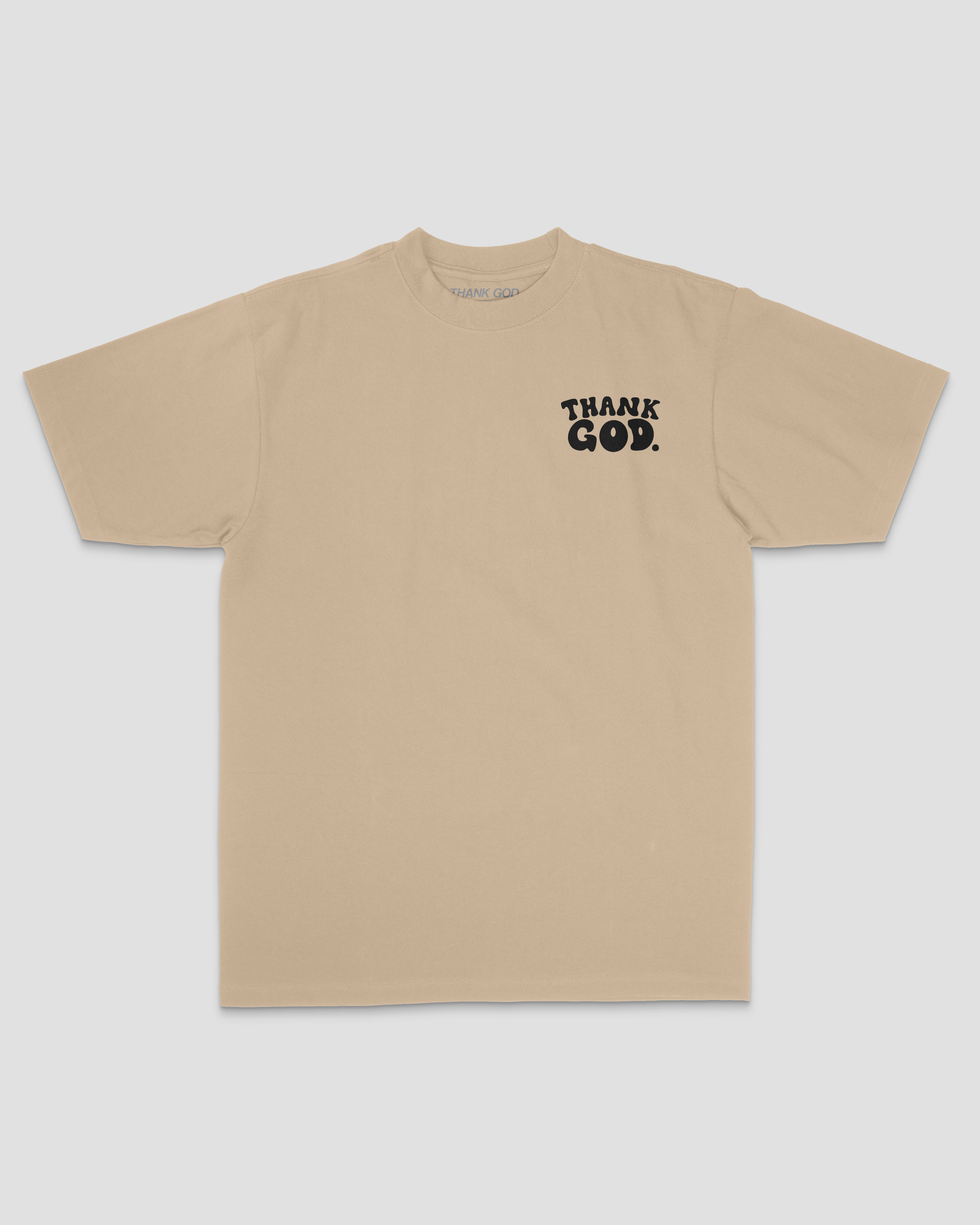beige mock up front GOD HAS A PLAN TEE Christian streetwear t-shirt by Thank God featuring GOD HAS A PLAN TEE style