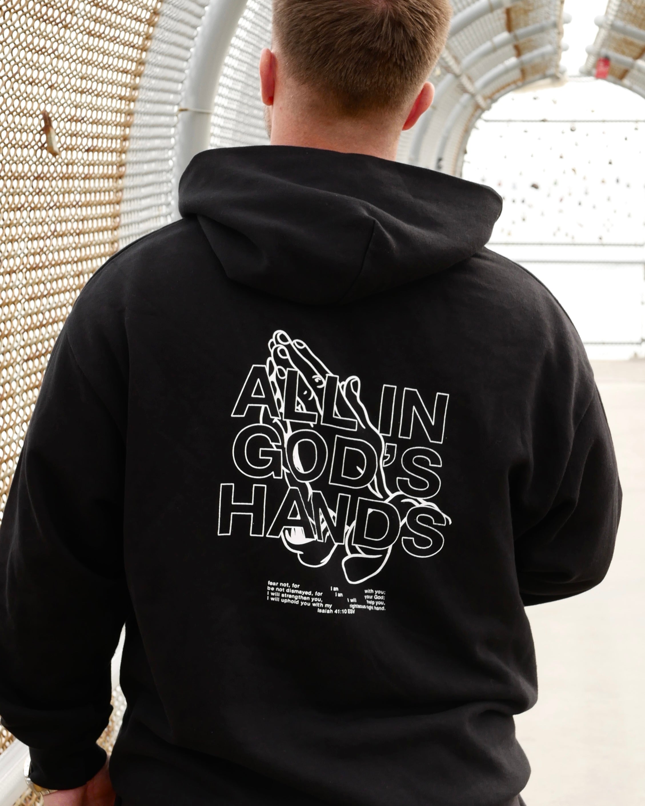black back design close up design IN GOD'S HANDS HOODIE Faith-based Christian hoodie by Thank God with unique IN GOD'S HANDS HOODIE design