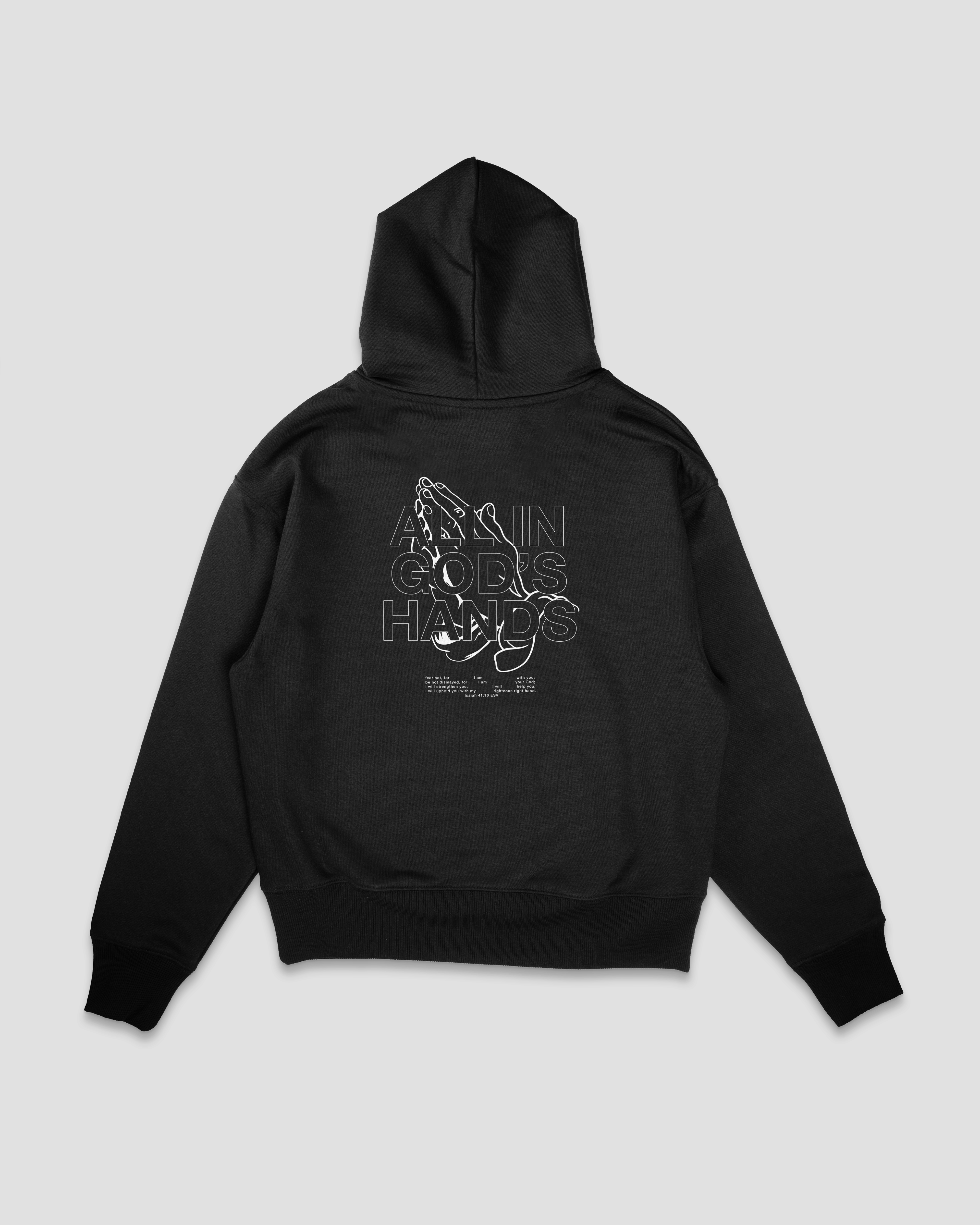 black back mock up IN GOD'S HANDS HOODIE Faith-based Christian hoodie by Thank God with unique IN GOD'S HANDS HOODIE design