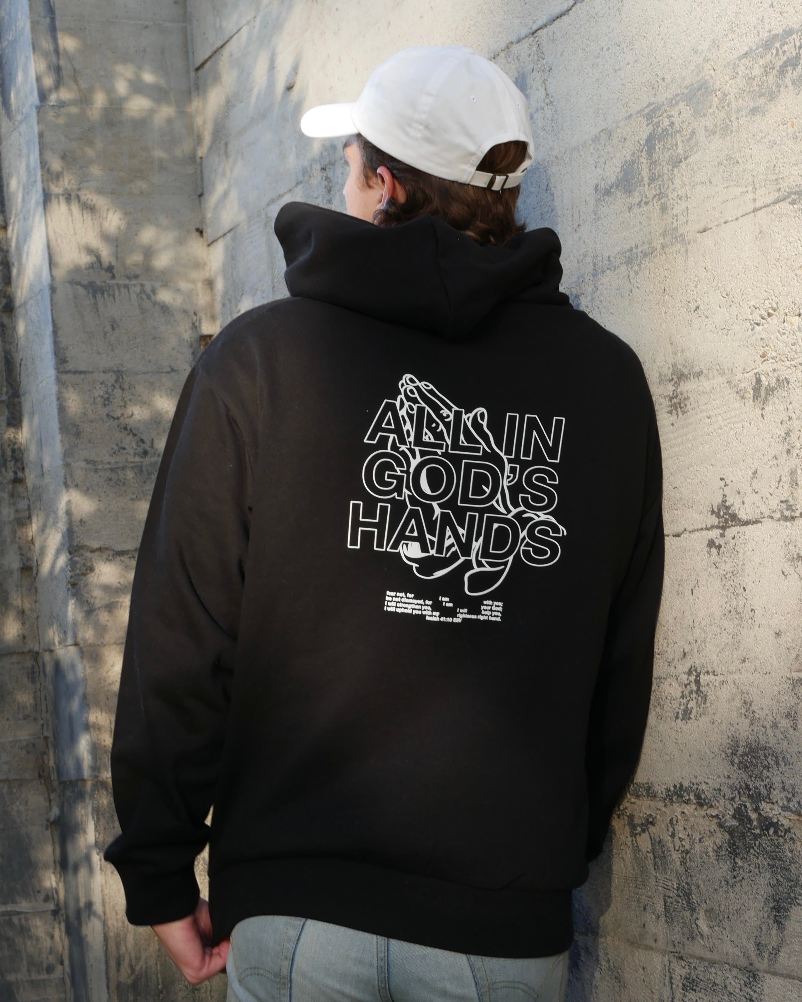 black back shot IN GOD'S HANDS HOODIE Faith-based Christian hoodie by Thank God with unique IN GOD'S HANDS HOODIE design