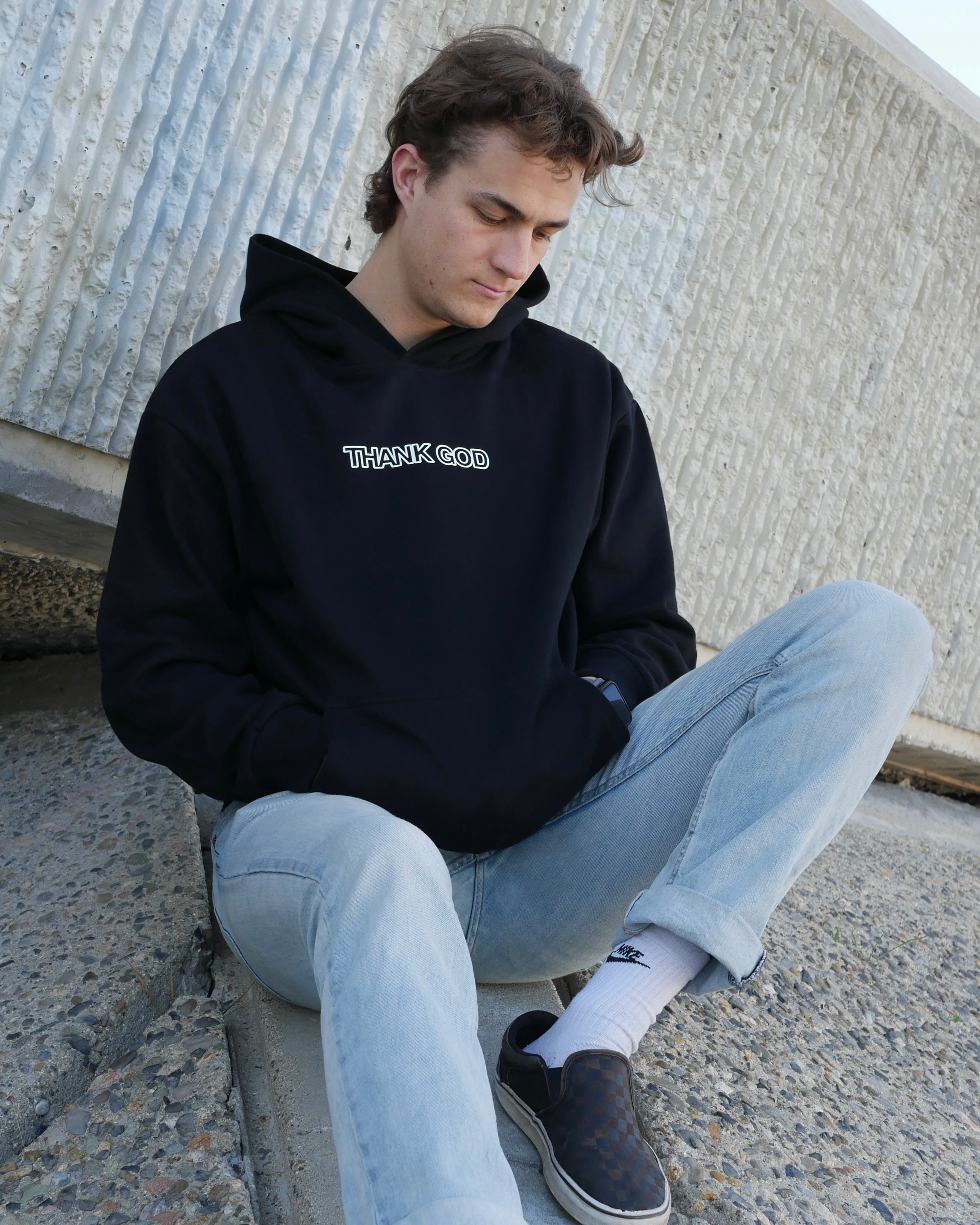 black front design mid range IN GOD'S HANDS HOODIE Faith-based Christian hoodie by Thank God with unique IN GOD'S HANDS HOODIE design