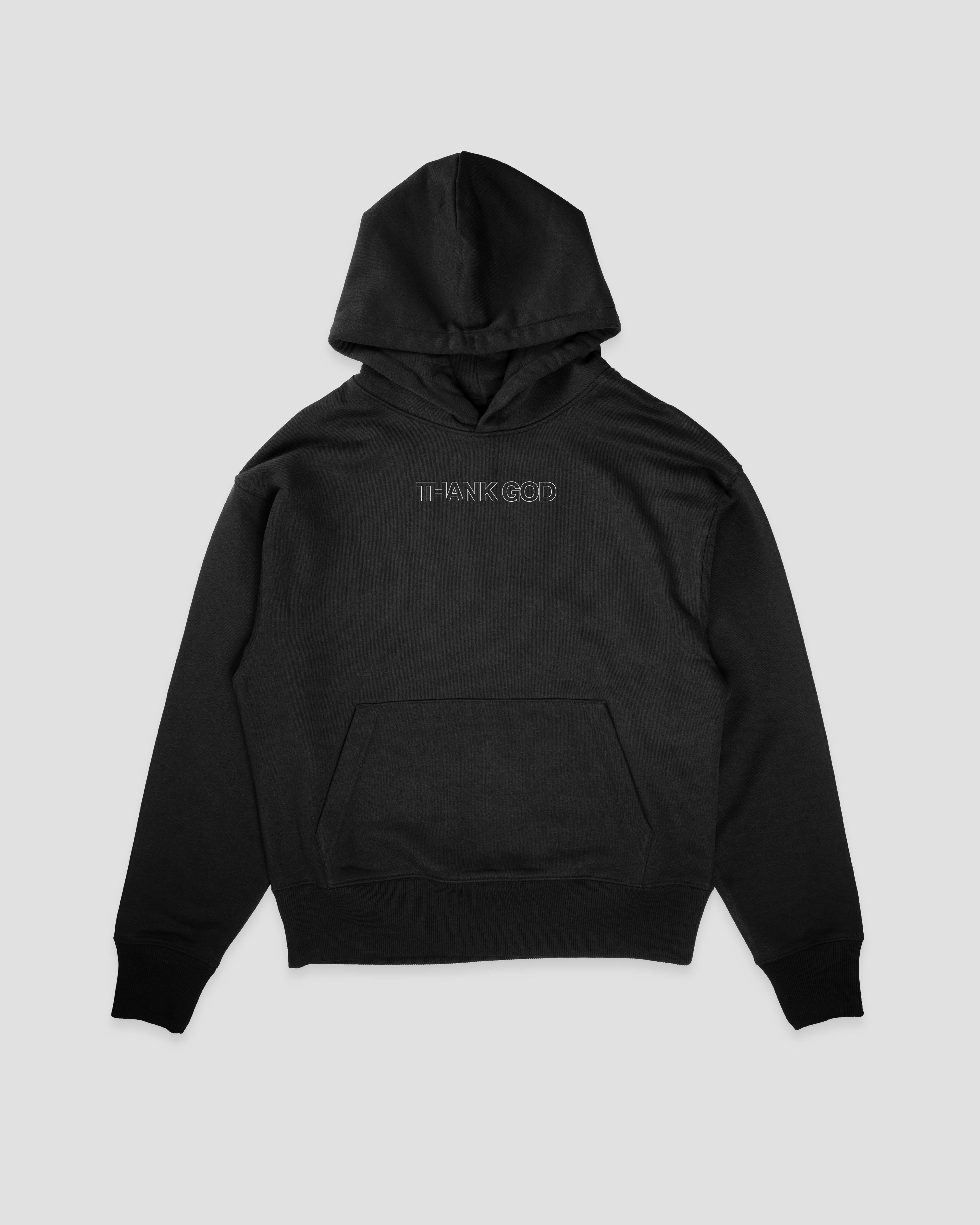 black front mock up IN GOD'S HANDS HOODIE Faith-based Christian hoodie by Thank God with unique IN GOD'S HANDS HOODIE design