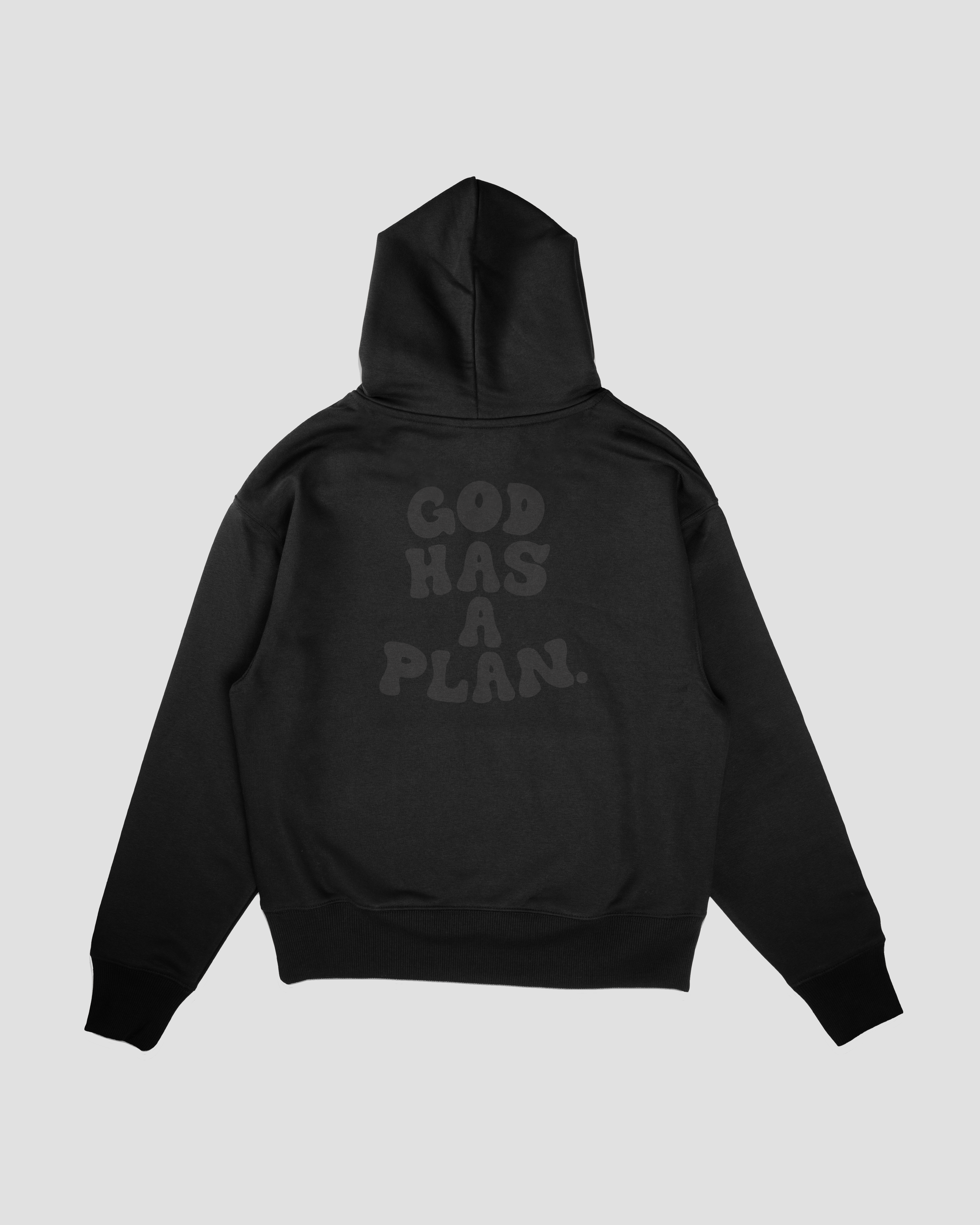 black mock up back GOD HAS A PLAN PREMIUM STRINGLESS HOODIE Faith-based Christian hoodie by Thank God with unique GOD HAS A PLAN PREMIUM STRINGLESS HOODIE design