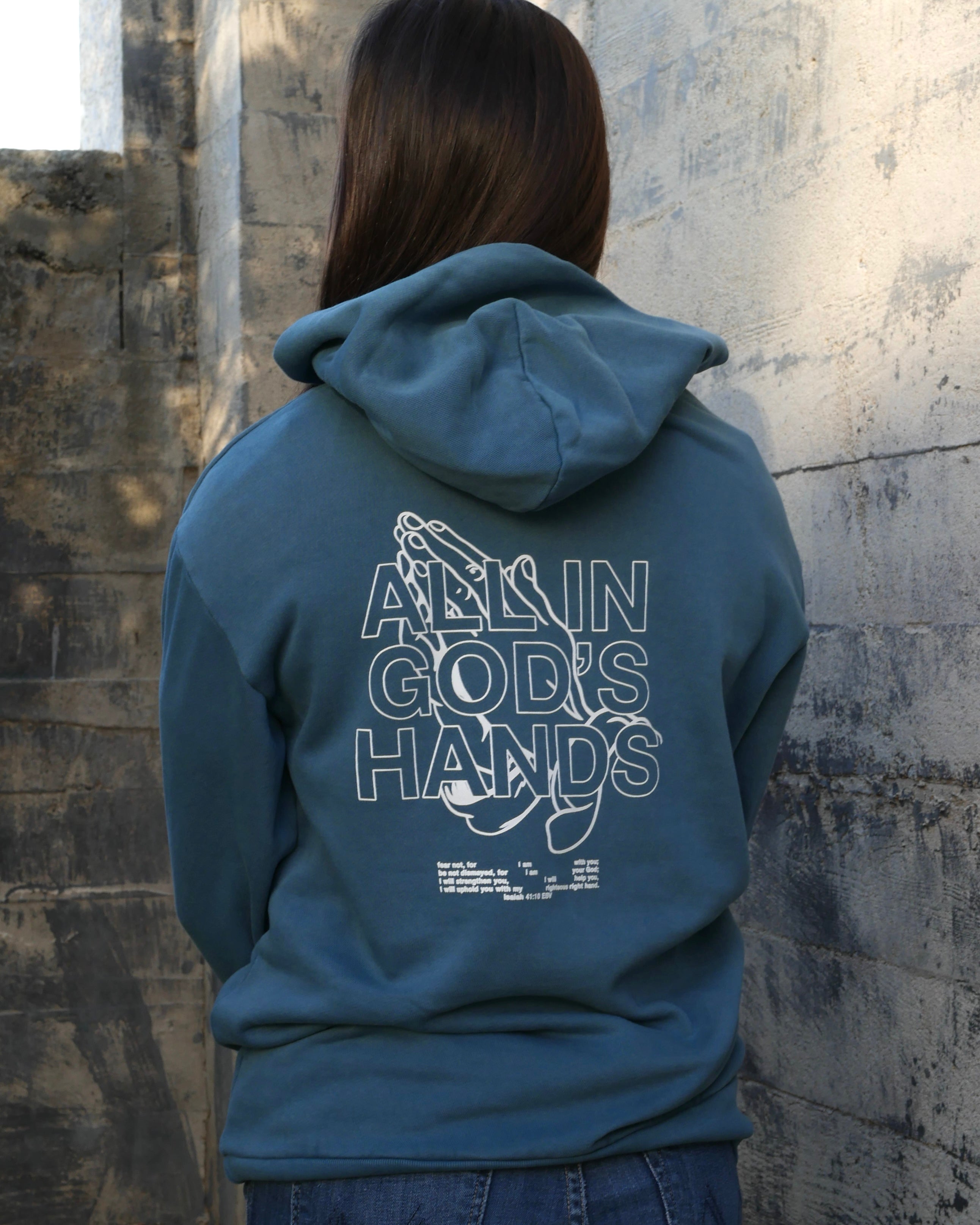 blue front close shot IN GOD'S HANDS HOODIE Faith-based Christian hoodie by Thank God with unique IN GOD'S HANDS HOODIE design