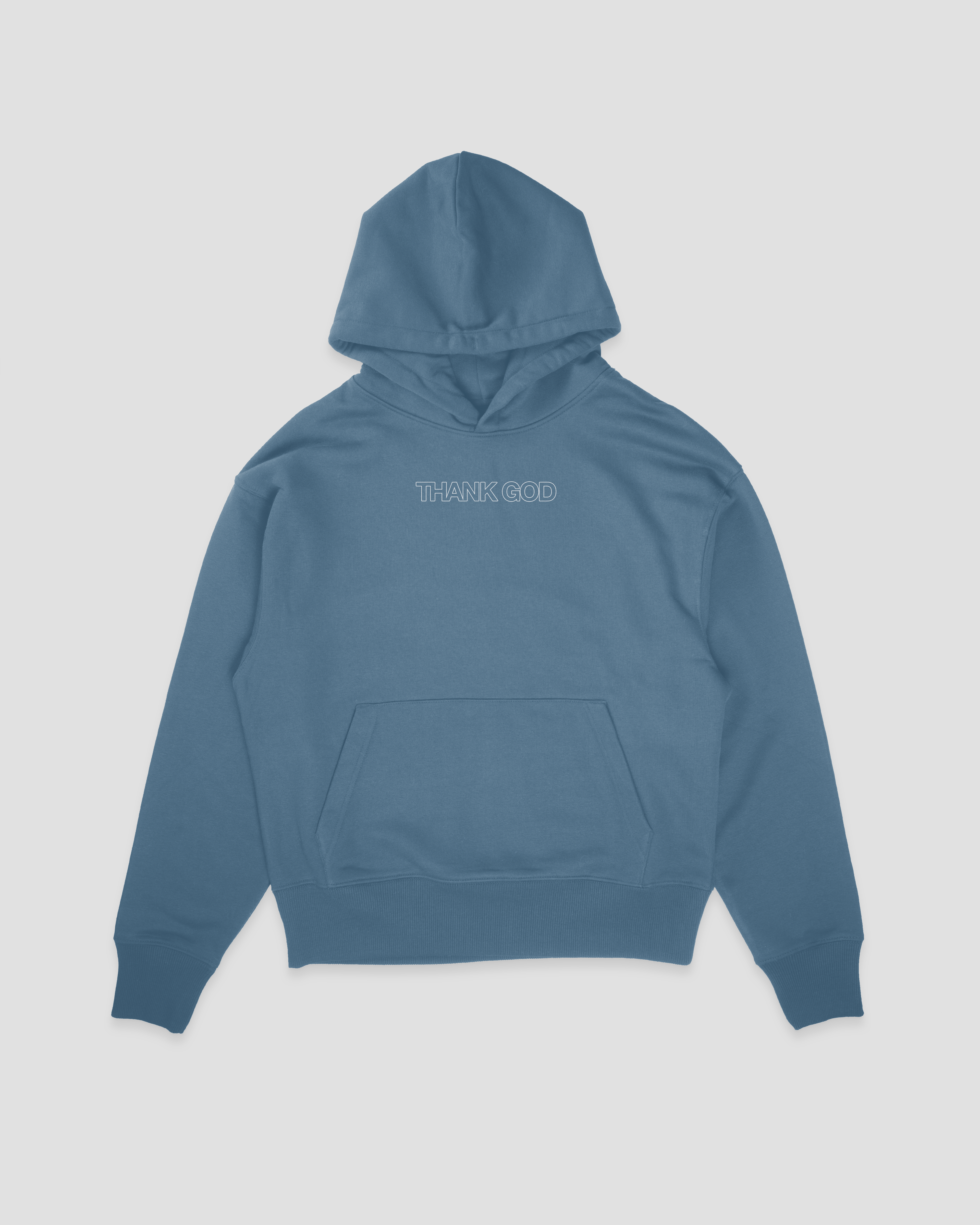 blue front mock up IN GOD'S HANDS HOODIE Faith-based Christian hoodie by Thank God with unique IN GOD'S HANDS HOODIE design