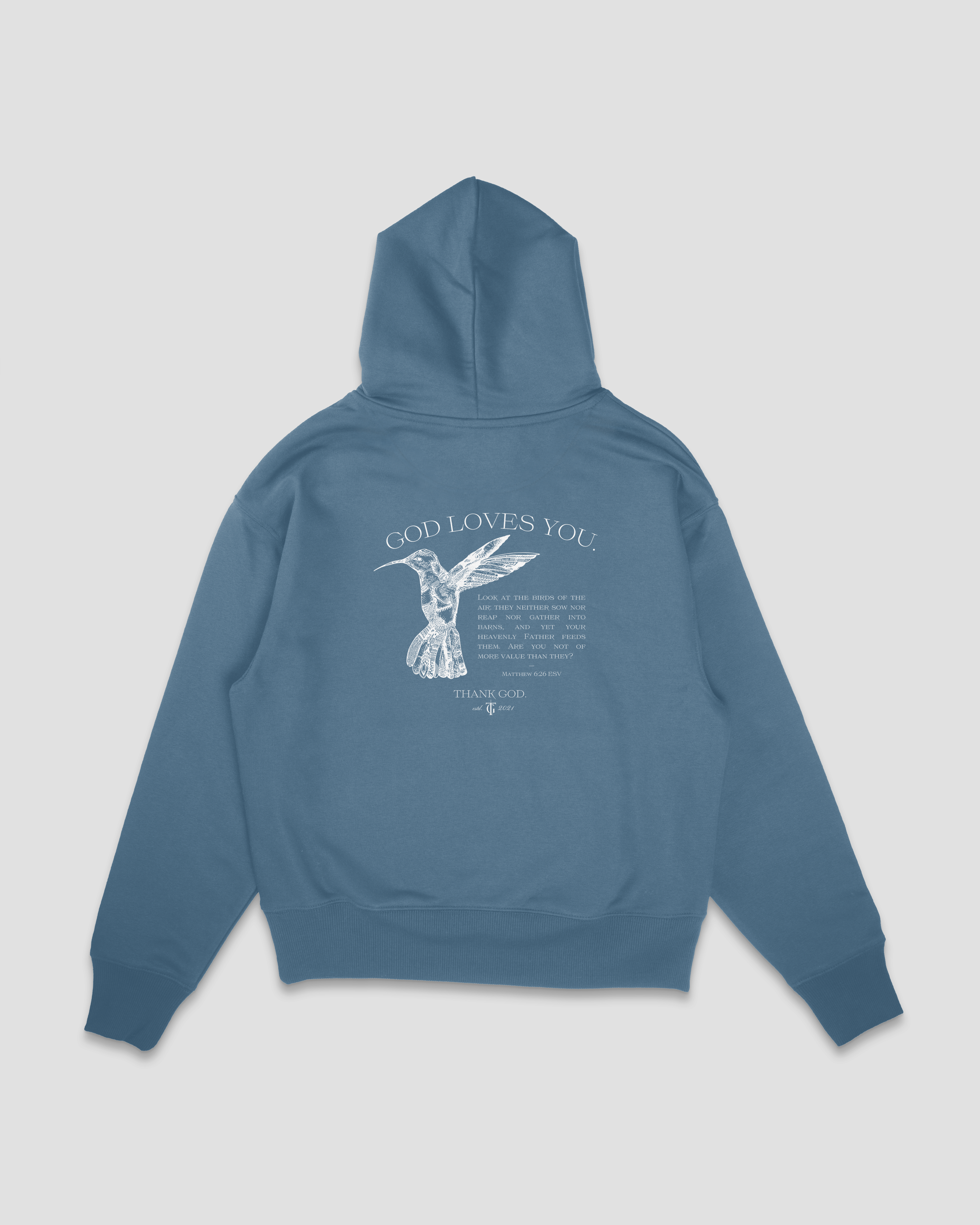 blue mock up back design HUMMINGBIRD HOODIE Faith-based Christian hoodie by Thank God with unique HUMMINGBIRD HOODIE design
