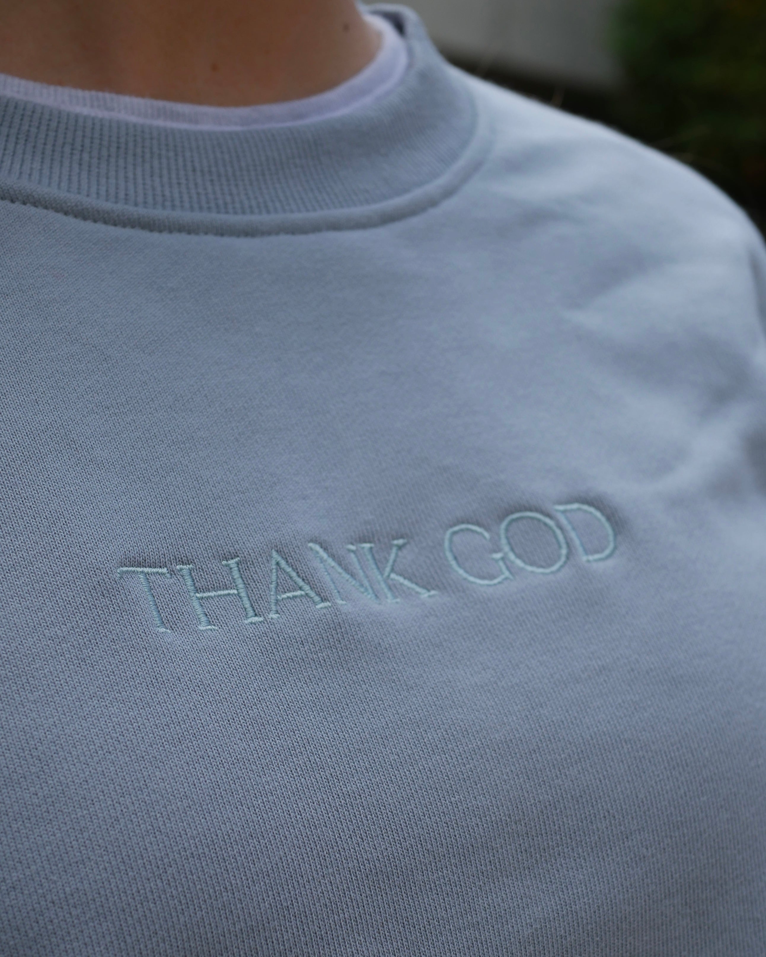 close up of Christian clothing crewneck sweatshirt from Thank God - TG EMBROIDERED CREWNECK edition