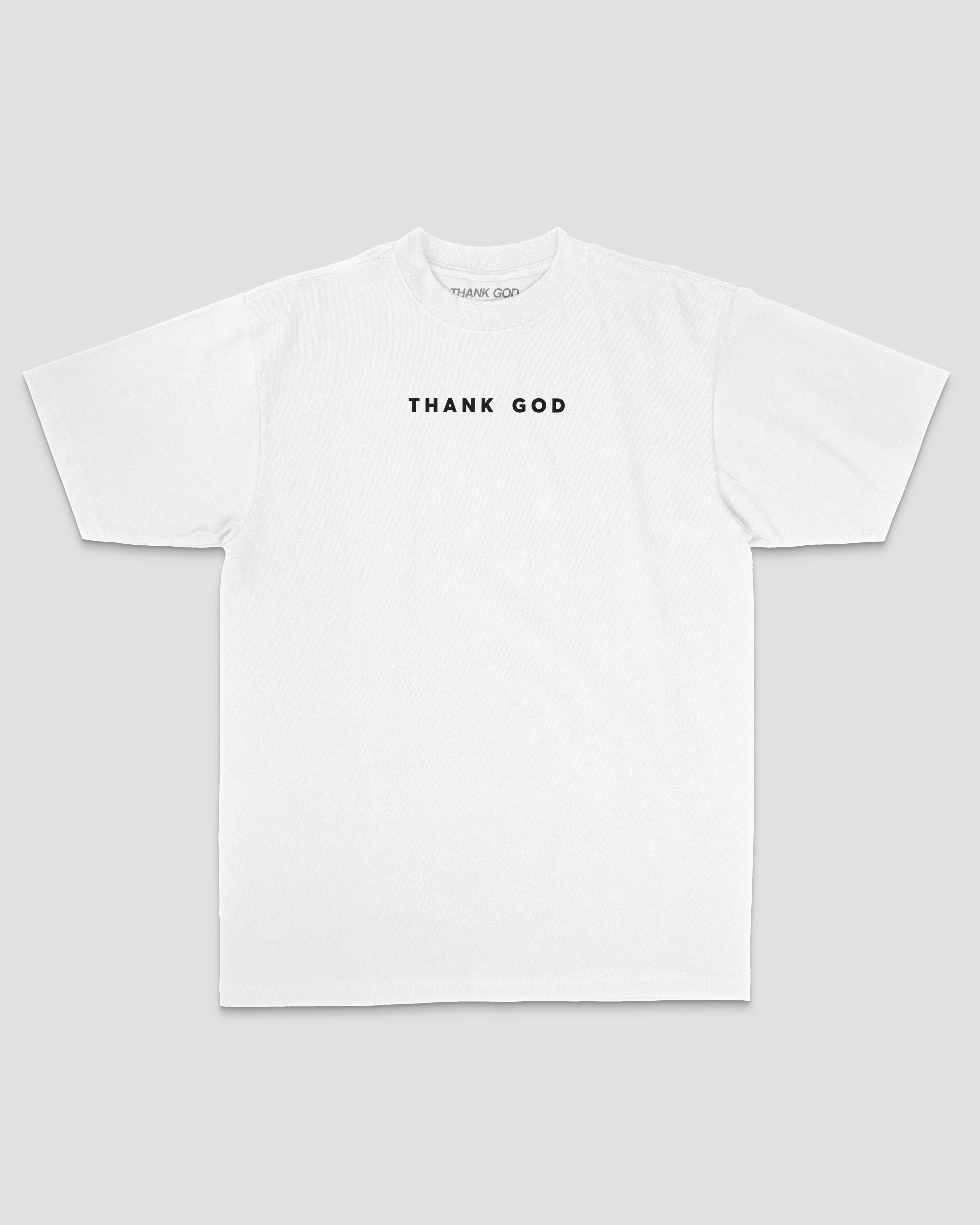 white front mock up MINIMALIST TEE Christian streetwear t-shirt by Thank God featuring MINIMALIST TEE style